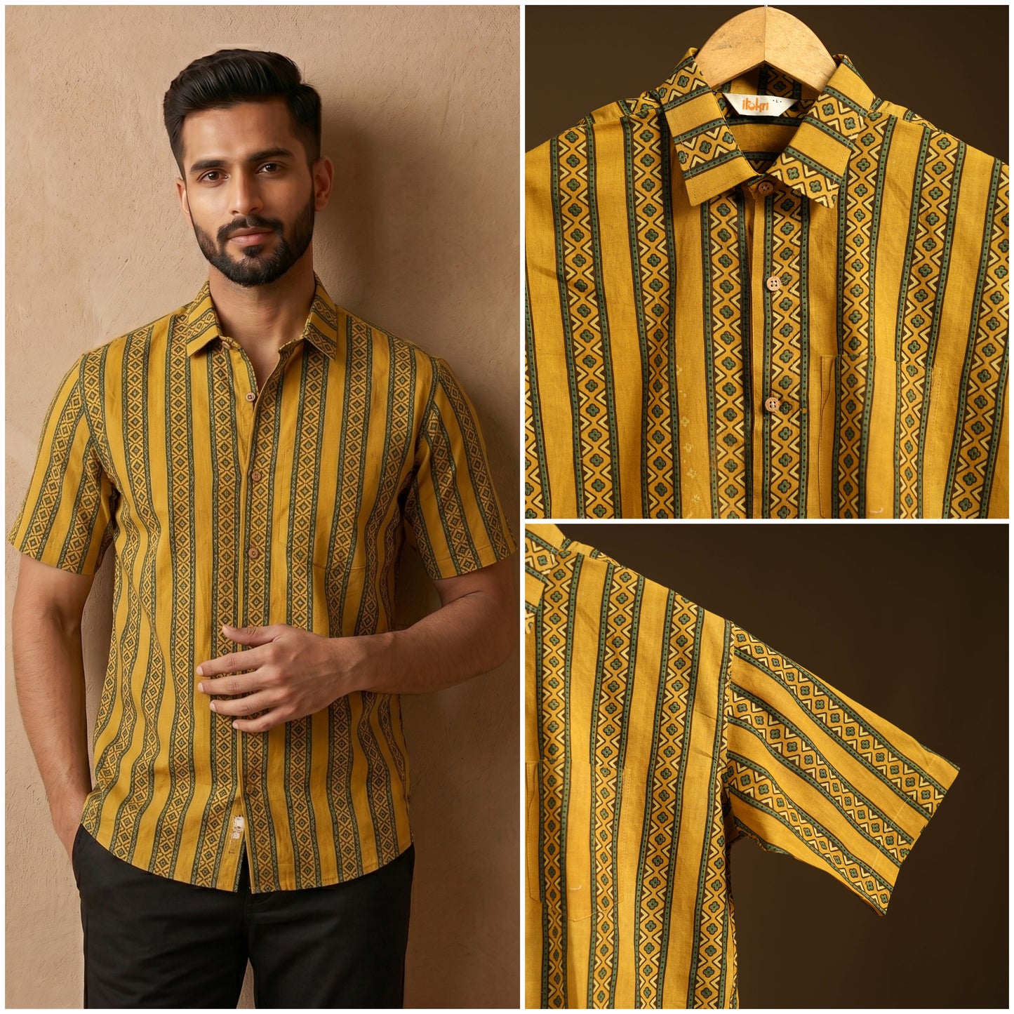 Natural Dyed Hand Block Print Cotton Men Half Sleeve Ajrakh Shirt 01