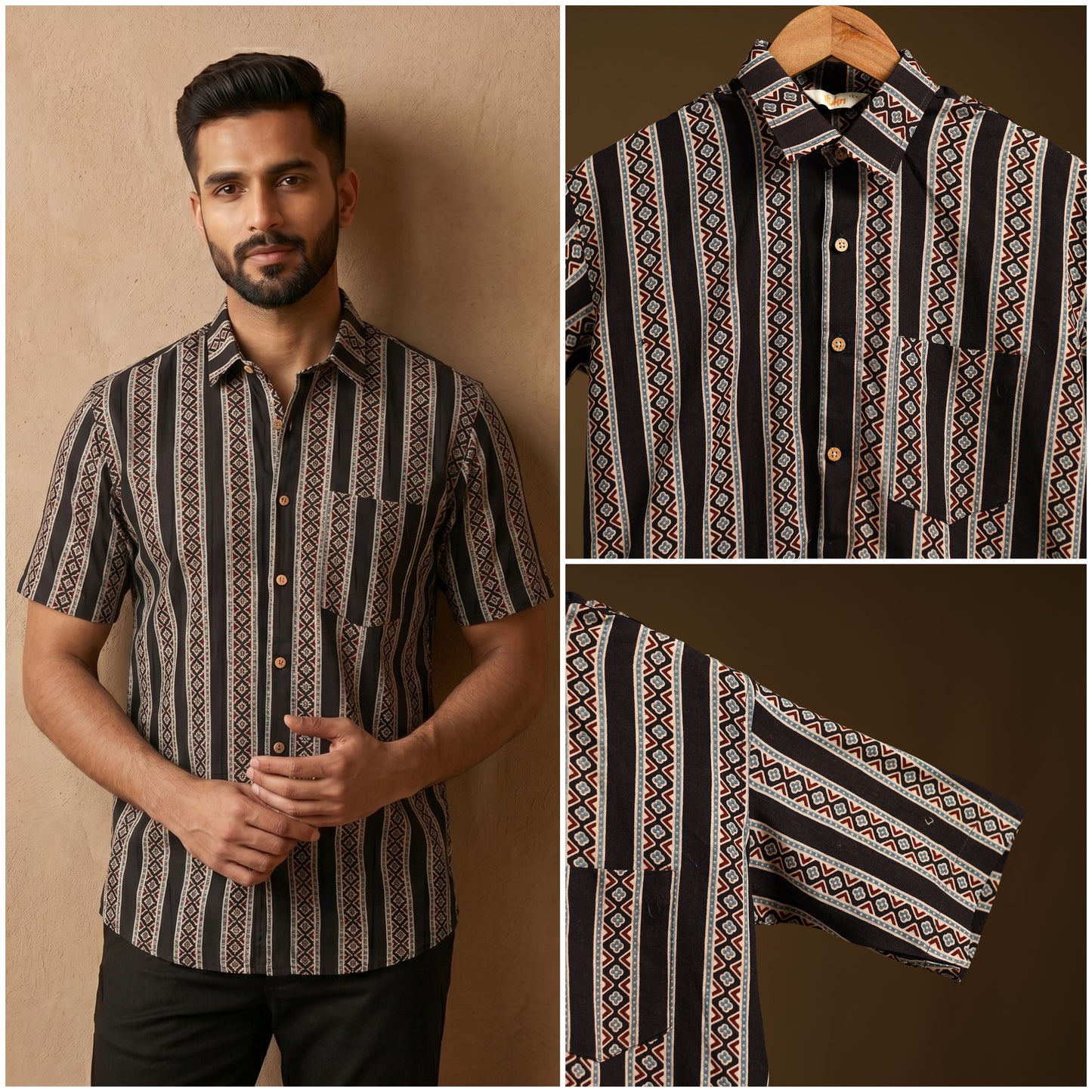 Natural Dyed Hand Block Print Cotton Men Half Sleeve Ajrakh Shirt 10