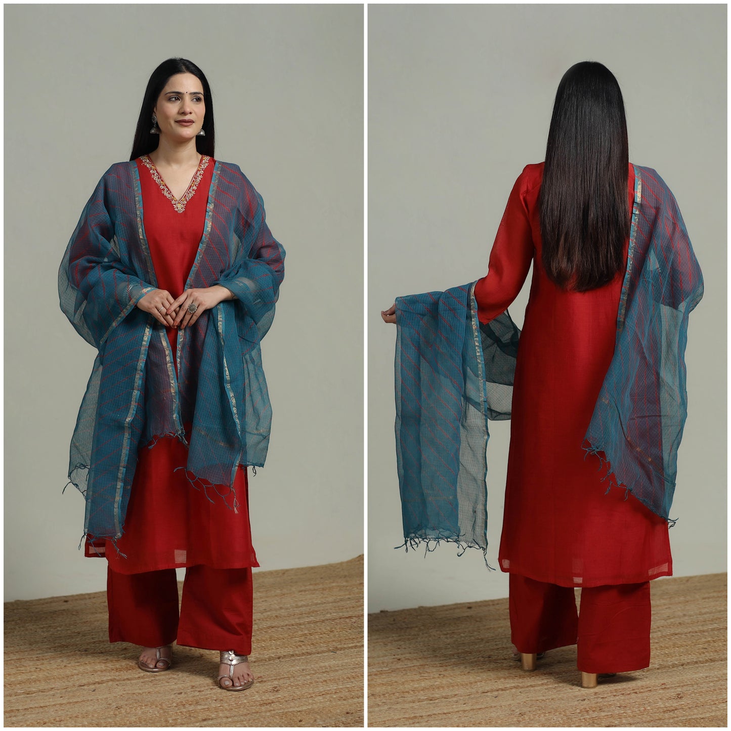Red - Plain Handloom Mul Chanderi Silk Hand Embroidered Suit Set with Dupatta for women 05