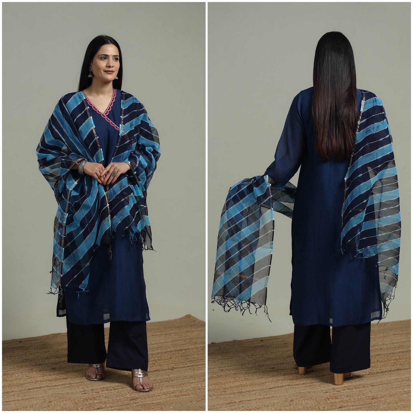 Blue - Plain Handloom Mul Chanderi Silk Hand Embroidered Suit Set with Dupatta for women 07