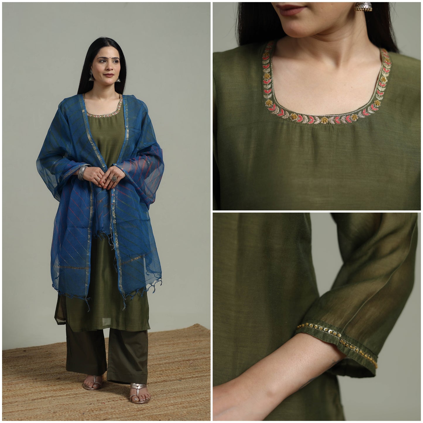 Green - Plain Handloom Mul Chanderi Silk Hand Embroidered Suit Set with Dupatta for women 08