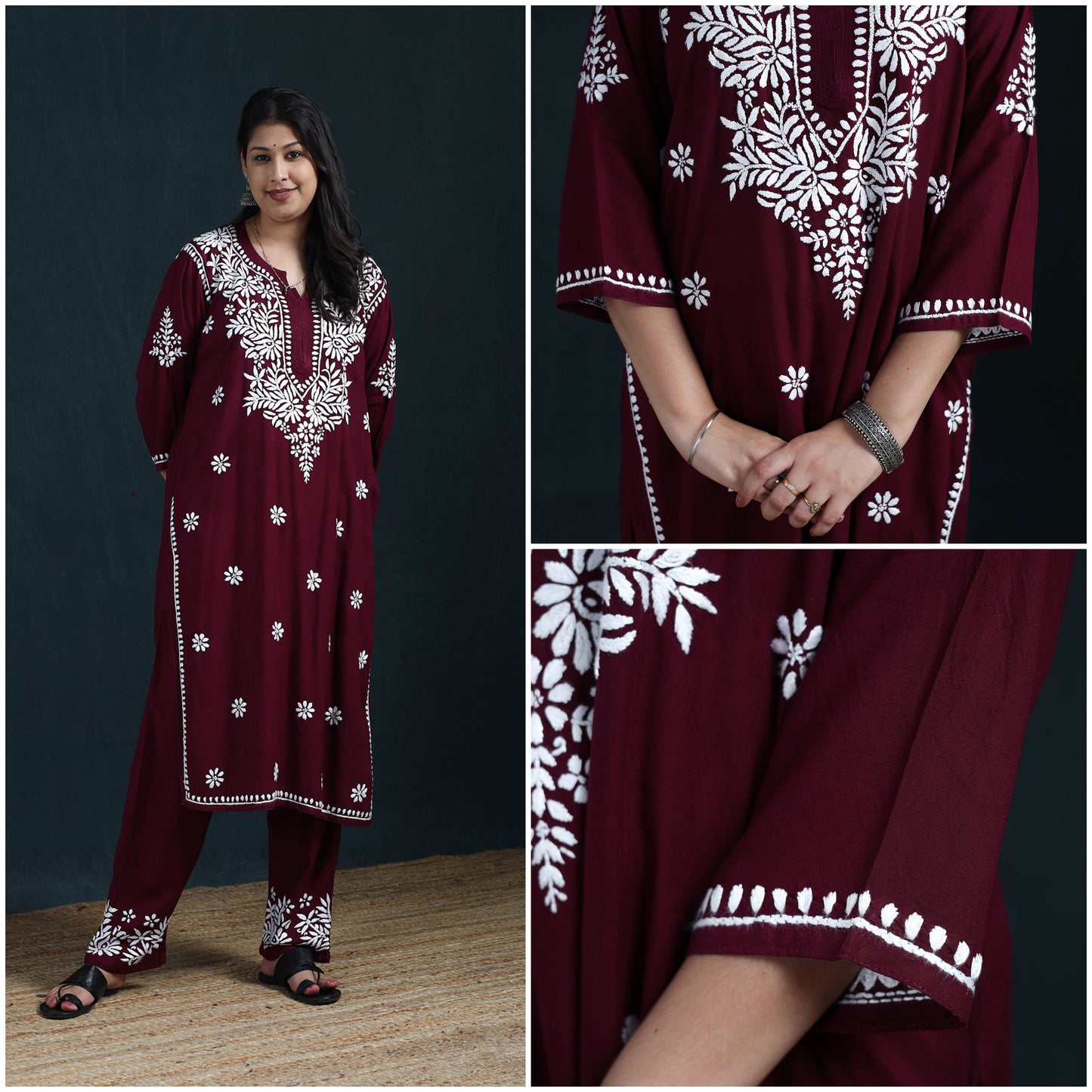 Maroon - Hand Embroidered Rayon Chikankari Kurta with Pant Set for Women 09