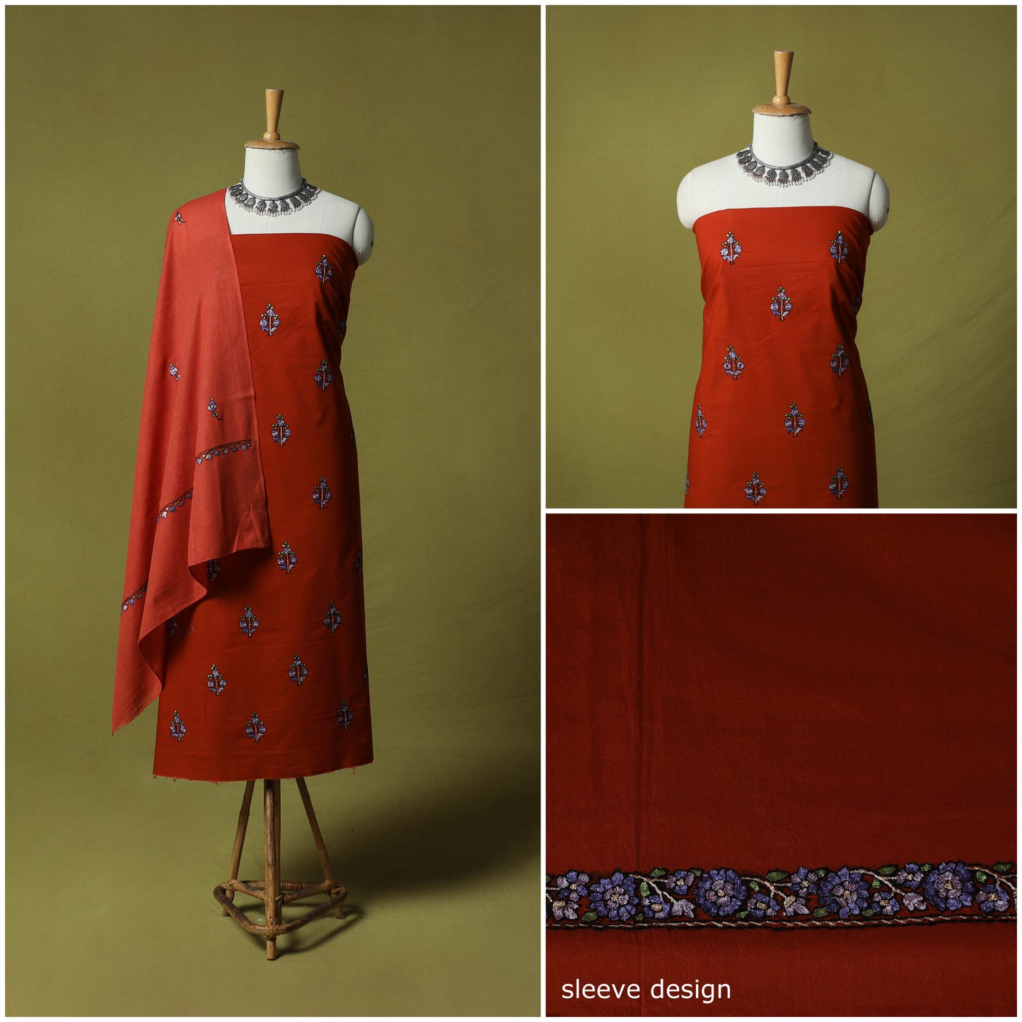 Red - Hand Embroidered Cotton Kashida 3pc Unstitched Dress Material Suit Set 54