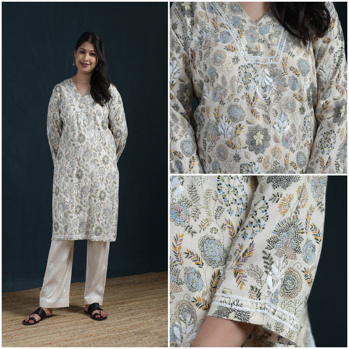 Beige - Hand Embroidered Printed Cotton Chikankari Kurta with Pant Set for Women 29