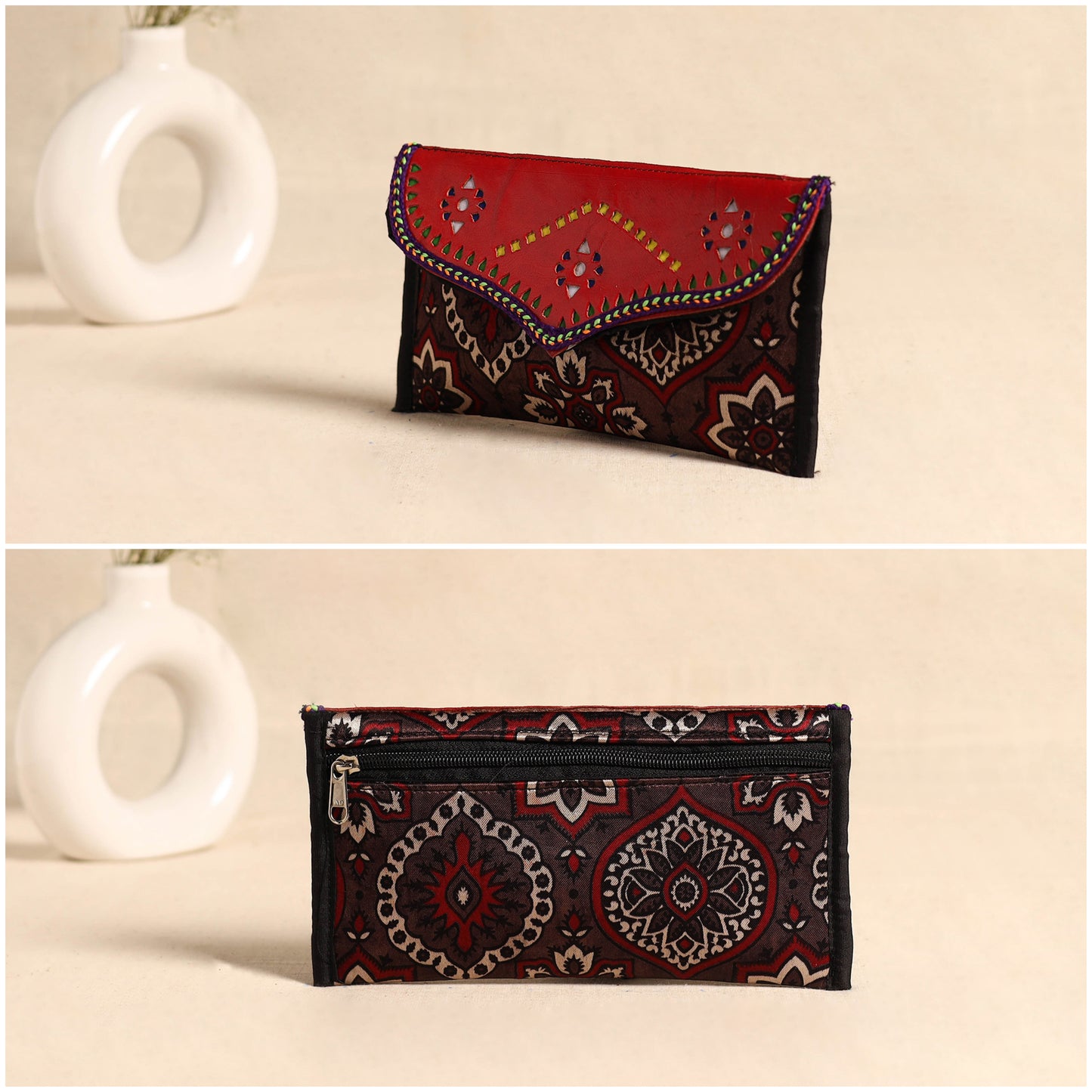 Brown - Traditional Kutch Mashru Silk Leather Flap Clutch / Wallet 114