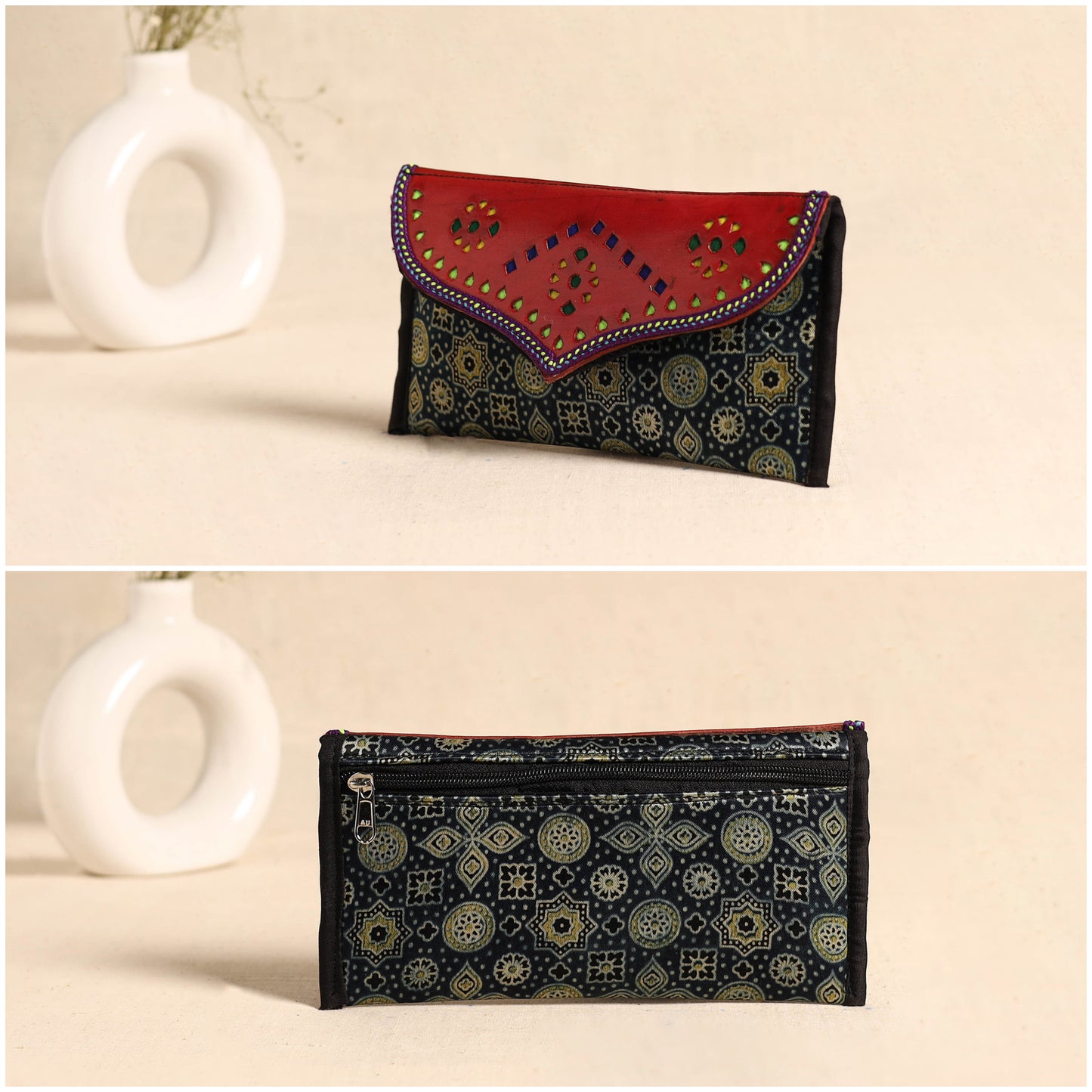 Traditional Kutch Mashru Silk Leather Flap Clutch / Wallet 106