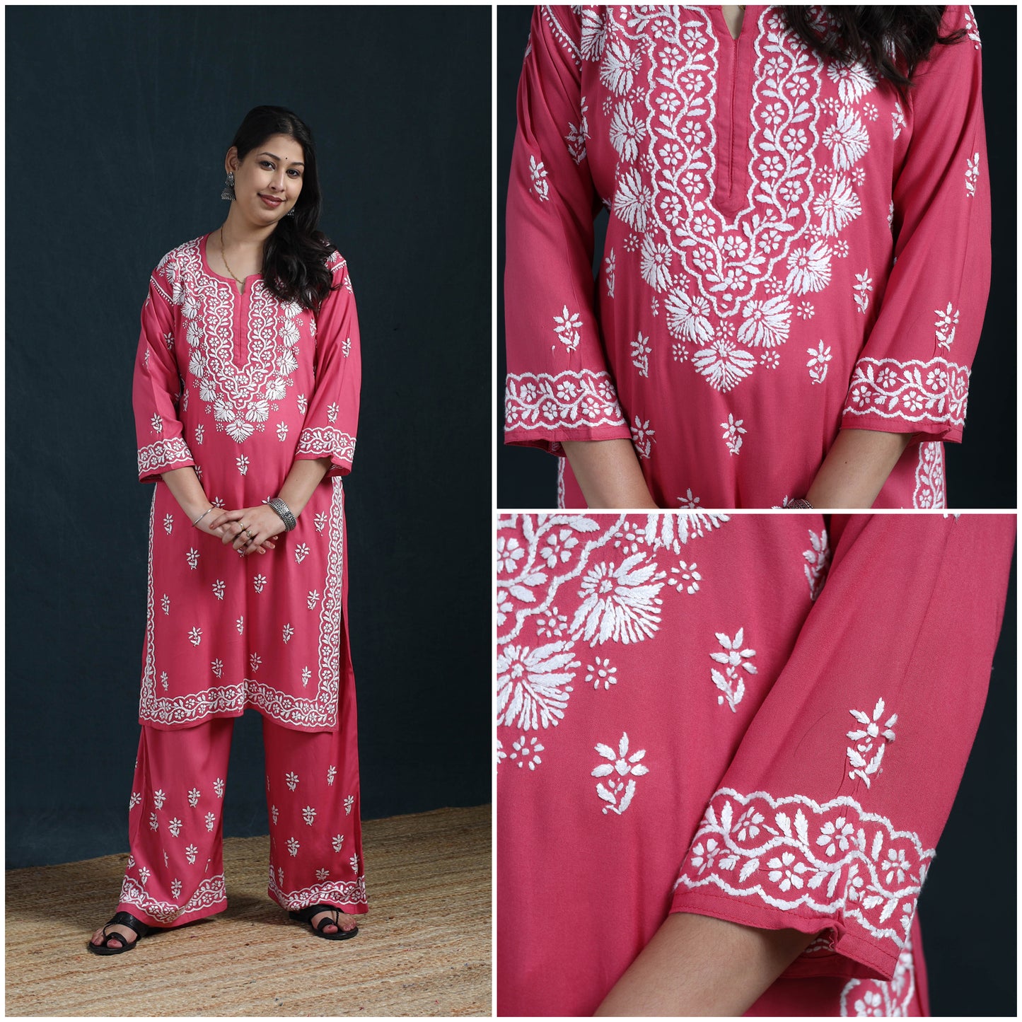 Pink - Hand Embroidered Rayon Chikankari Kurta with Palazzo Set for Women 11