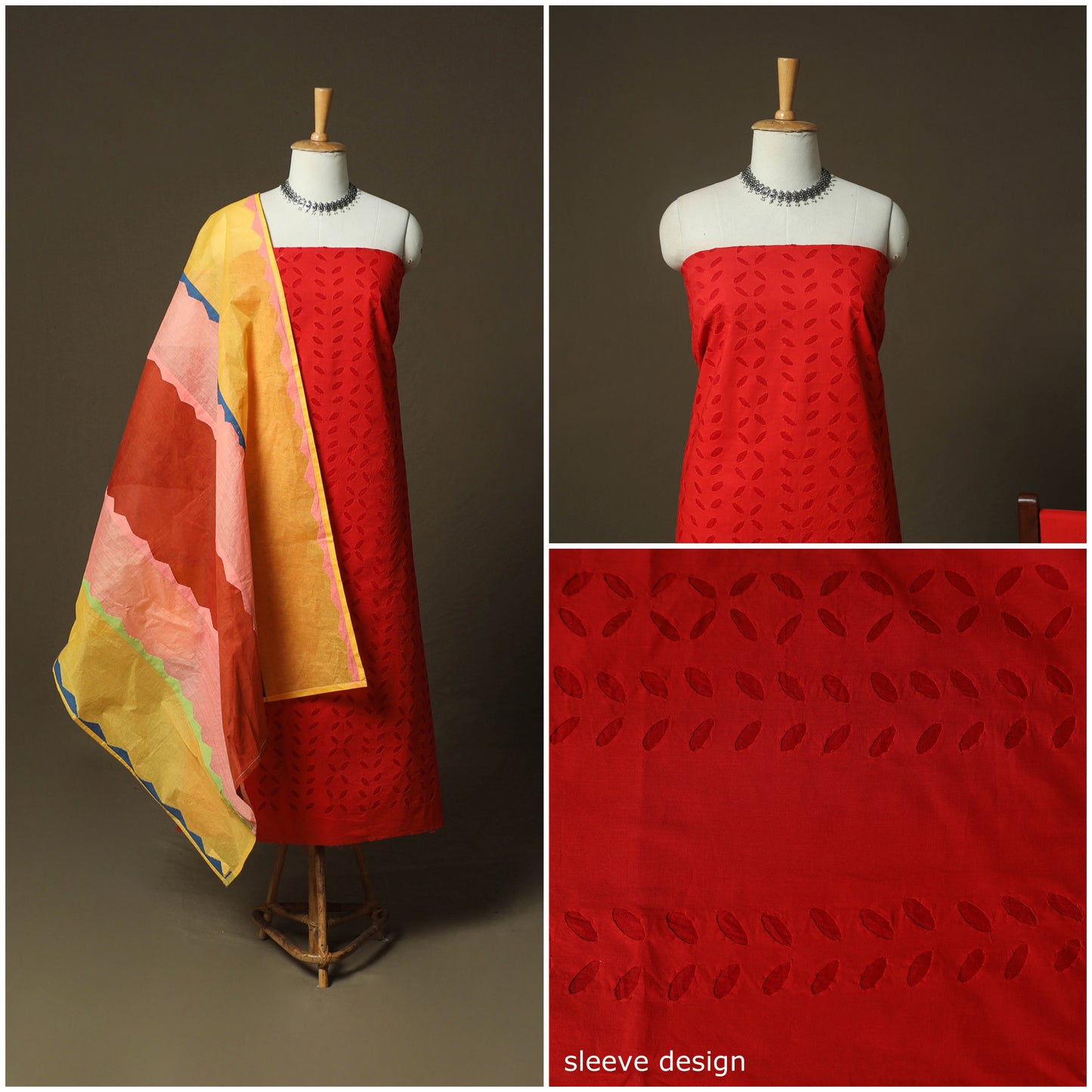 Red - Barmer Applique Cutwork Cotton 3pc Unstitched Dress Material Suit Set 09