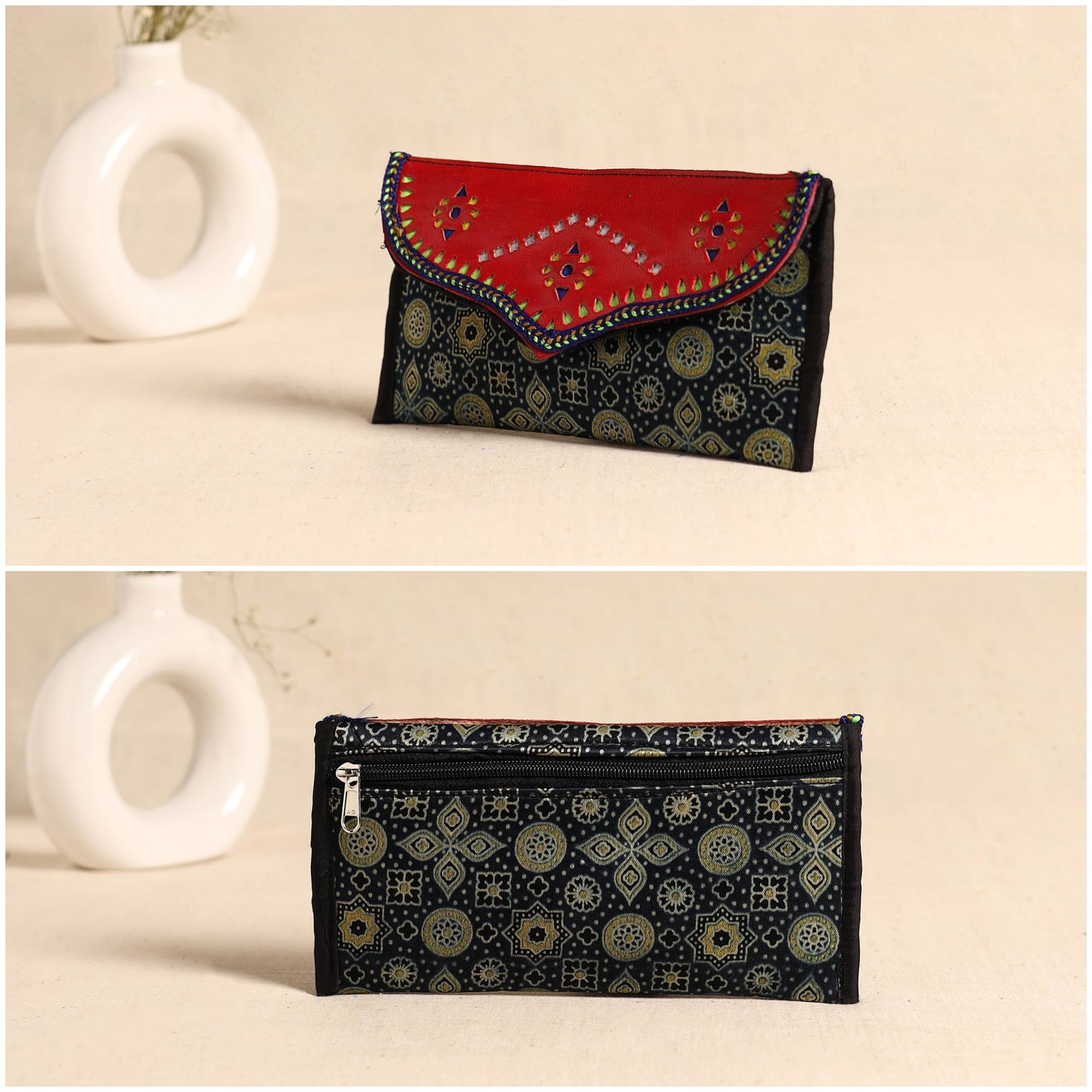 Traditional Kutch Mashru Silk Leather Flap Clutch / Wallet 104