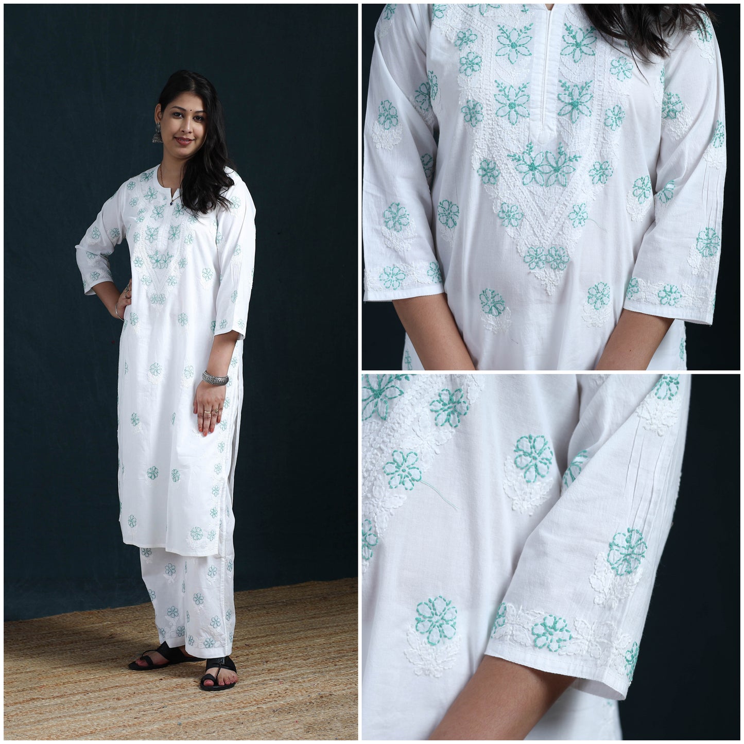 White - Hand Embroidered Mul Cotton Chikankari Kurta with Palazzo Set for Women 36