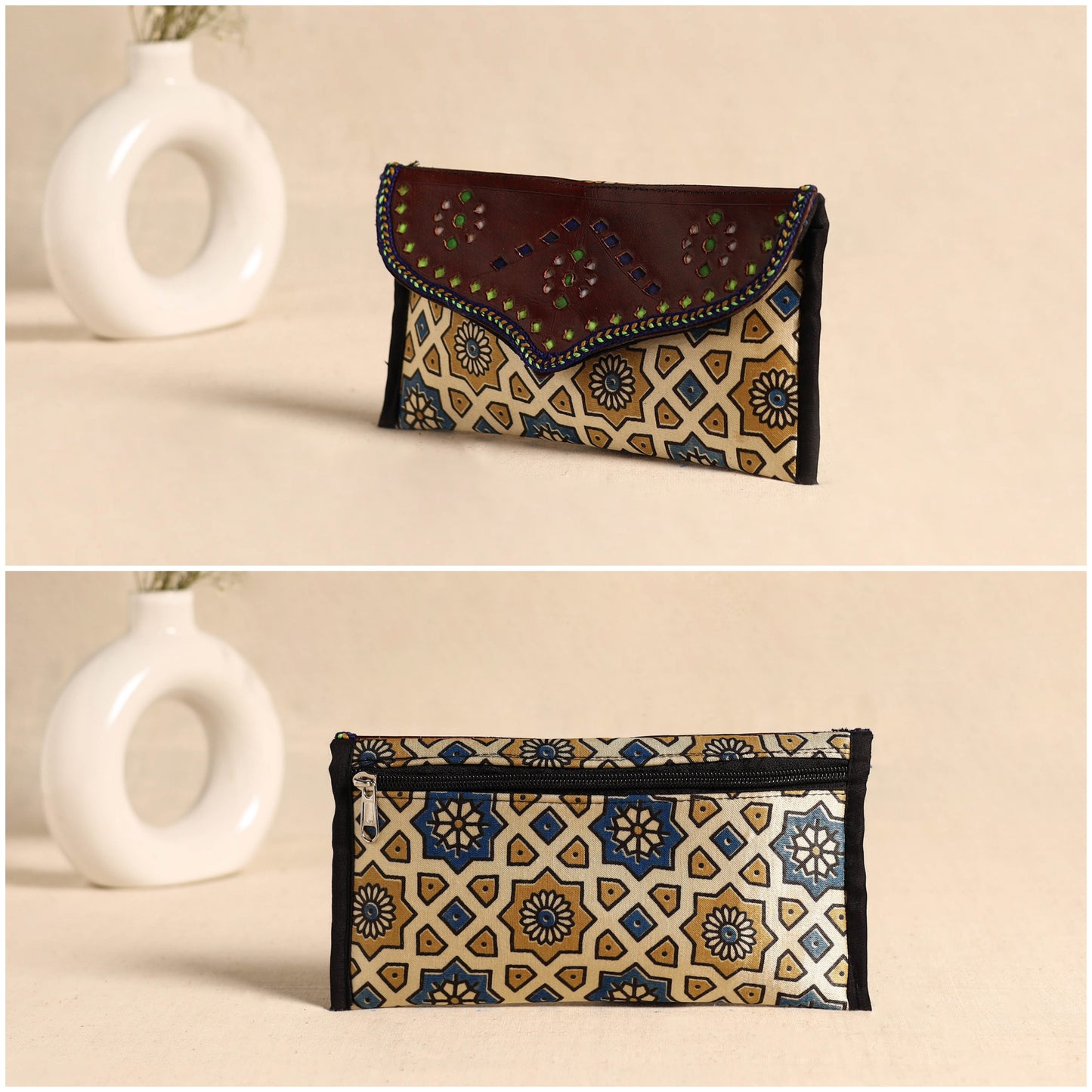 Traditional Kutch Mashru Silk Leather Flap Clutch / Wallet 102