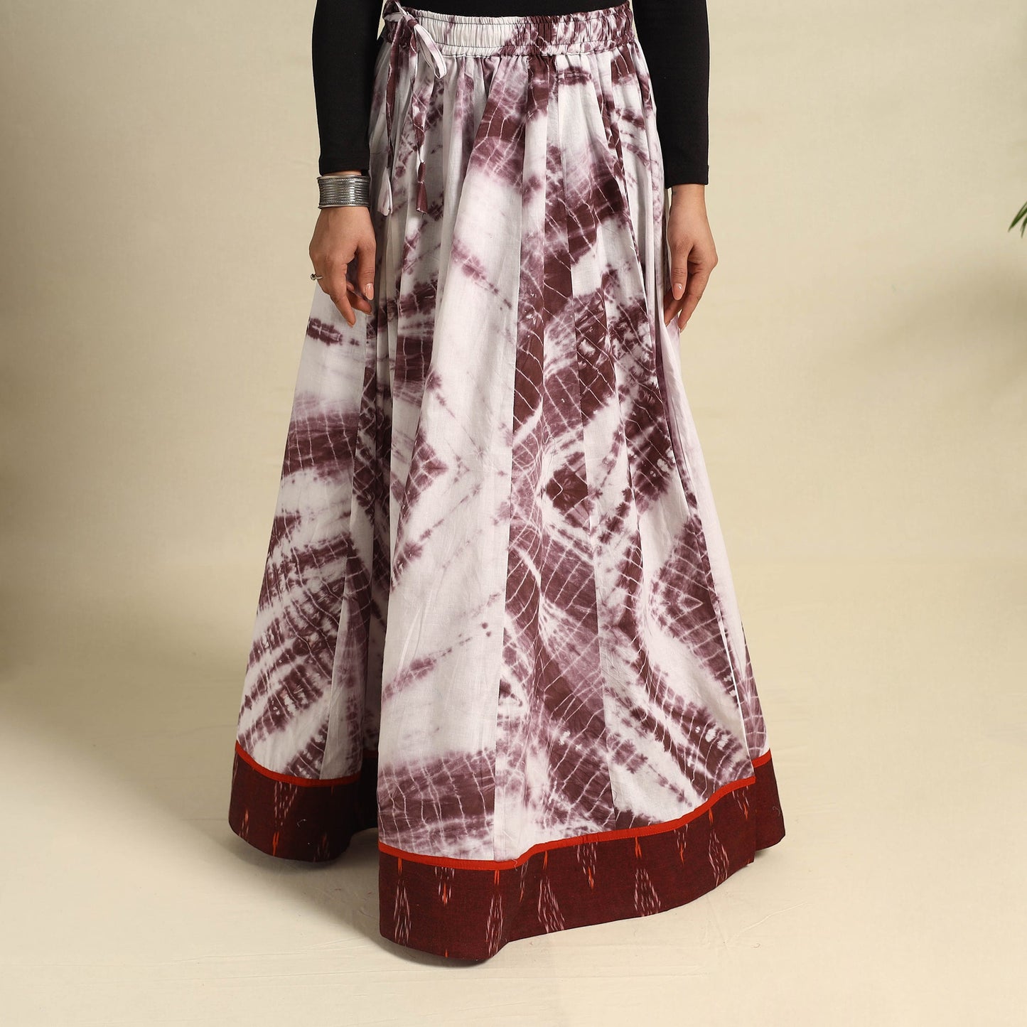 24 Kali Brown Patchwork Cotton Long Shibori Tie-Dye Skirt