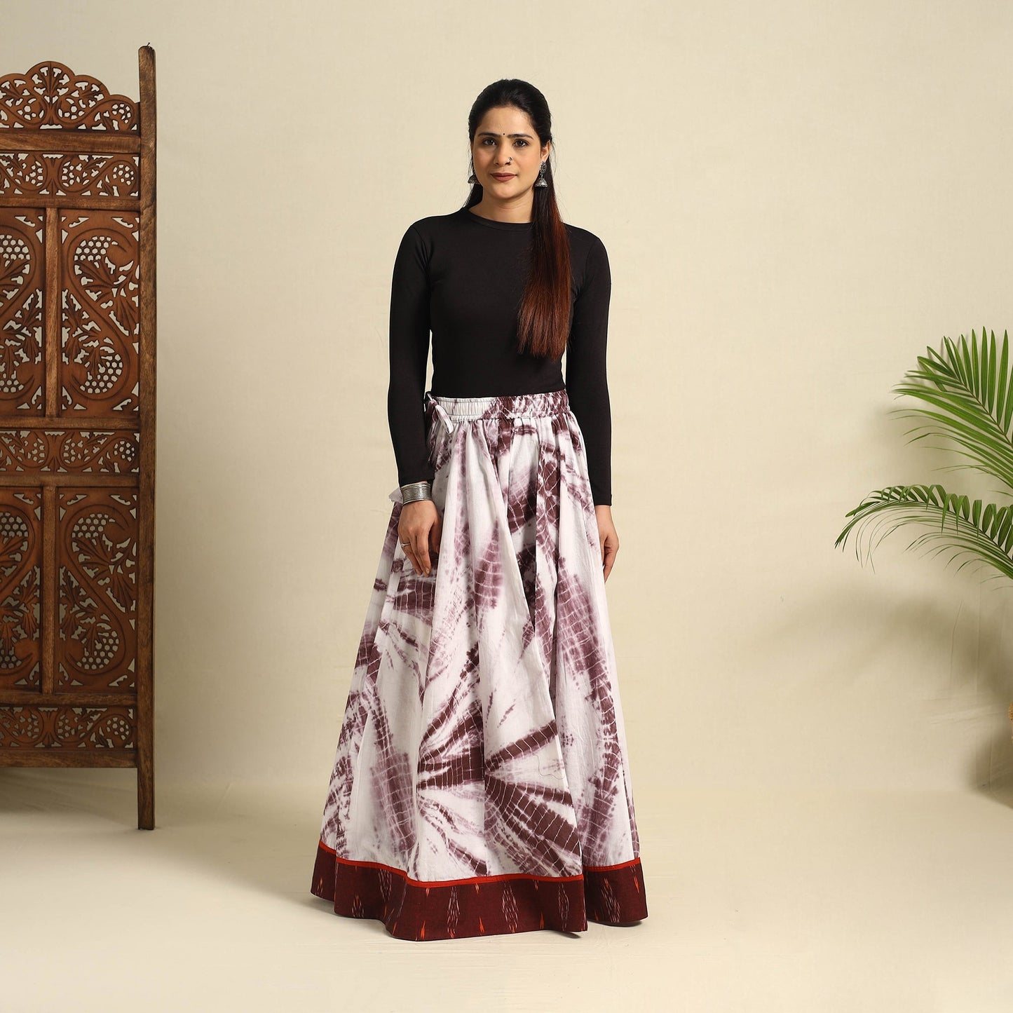 24 Kali Brown Patchwork Cotton Long Shibori Tie-Dye Skirt