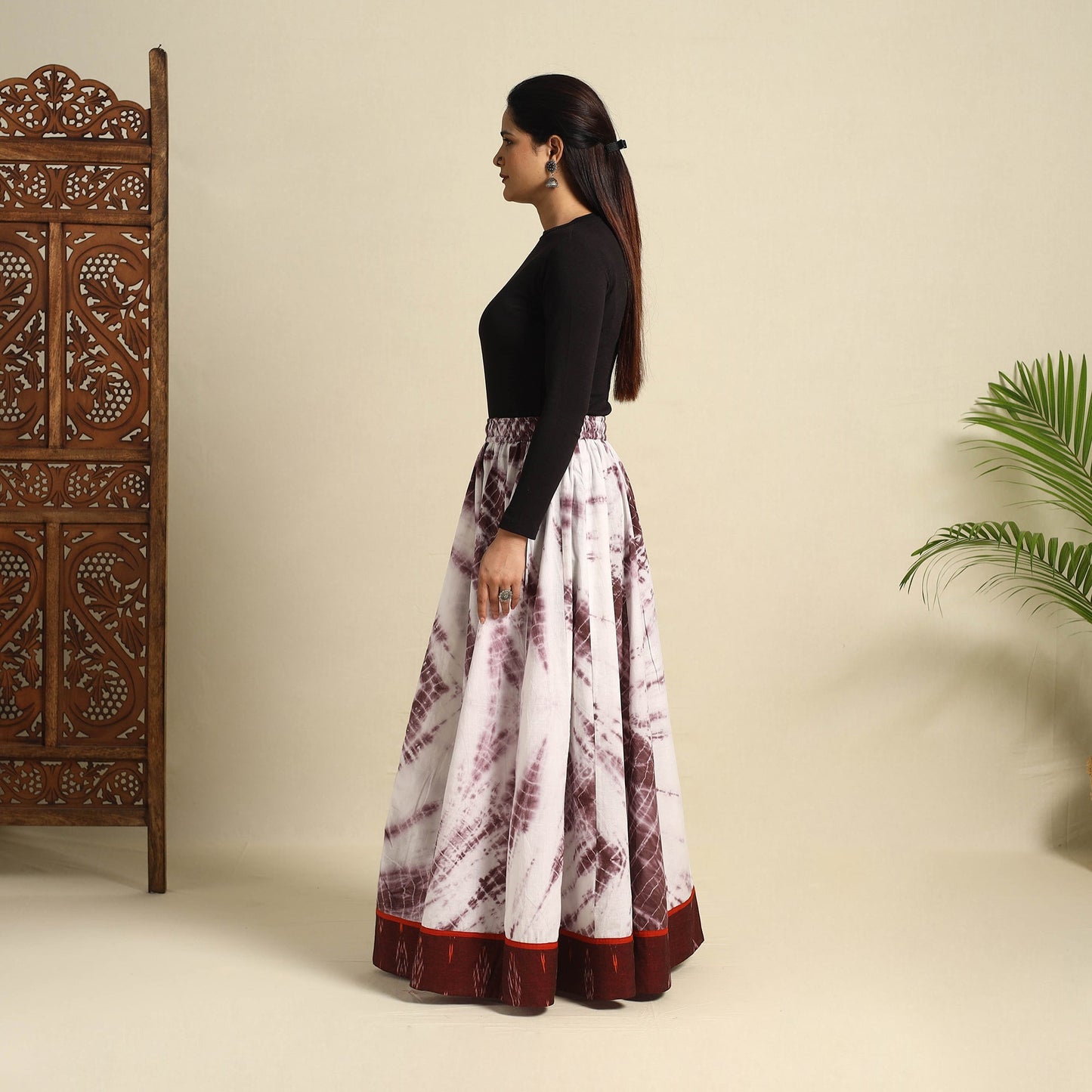 24 Kali Brown Patchwork Cotton Long Shibori Tie-Dye Skirt