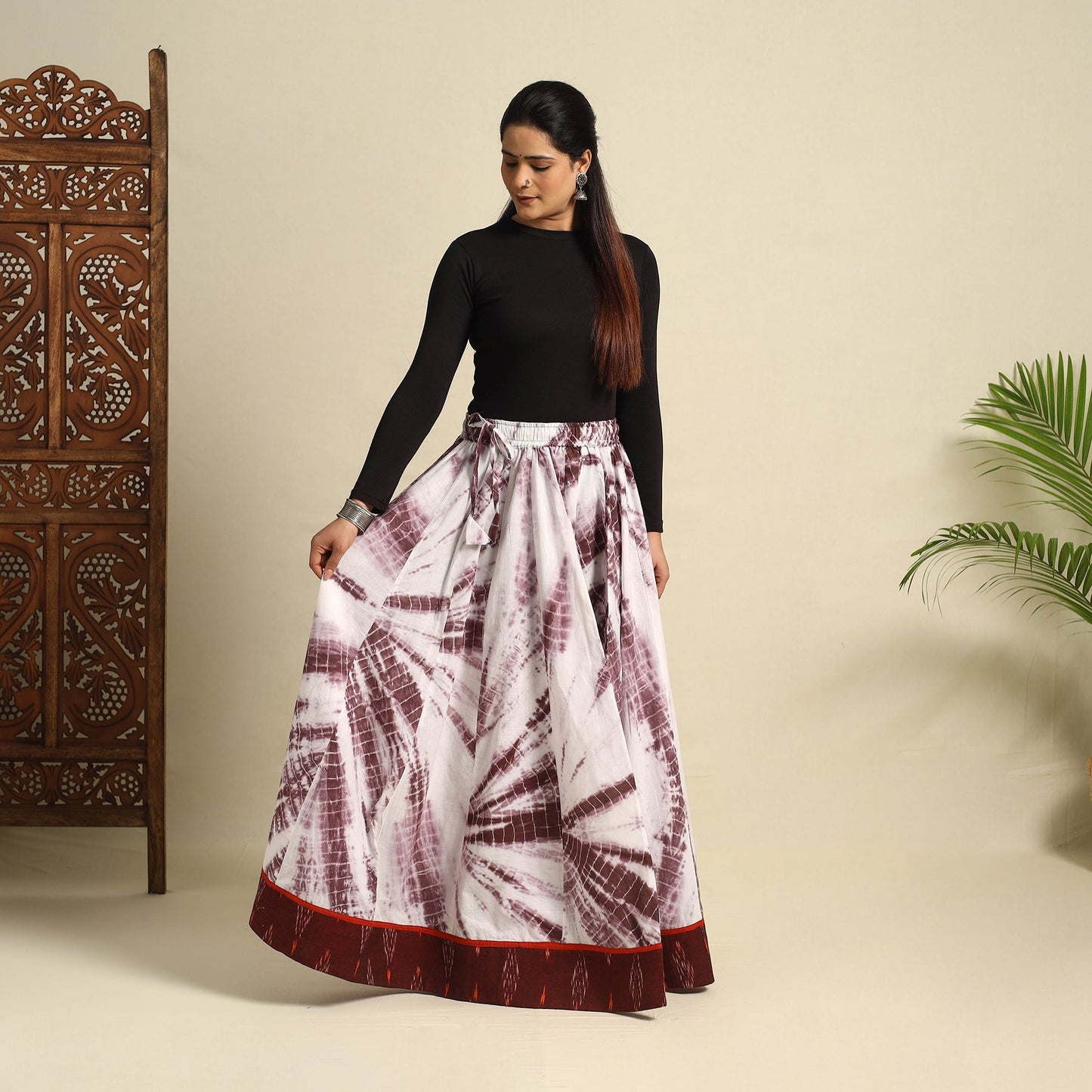 24 Kali Brown Patchwork Cotton Long Shibori Tie-Dye Skirt