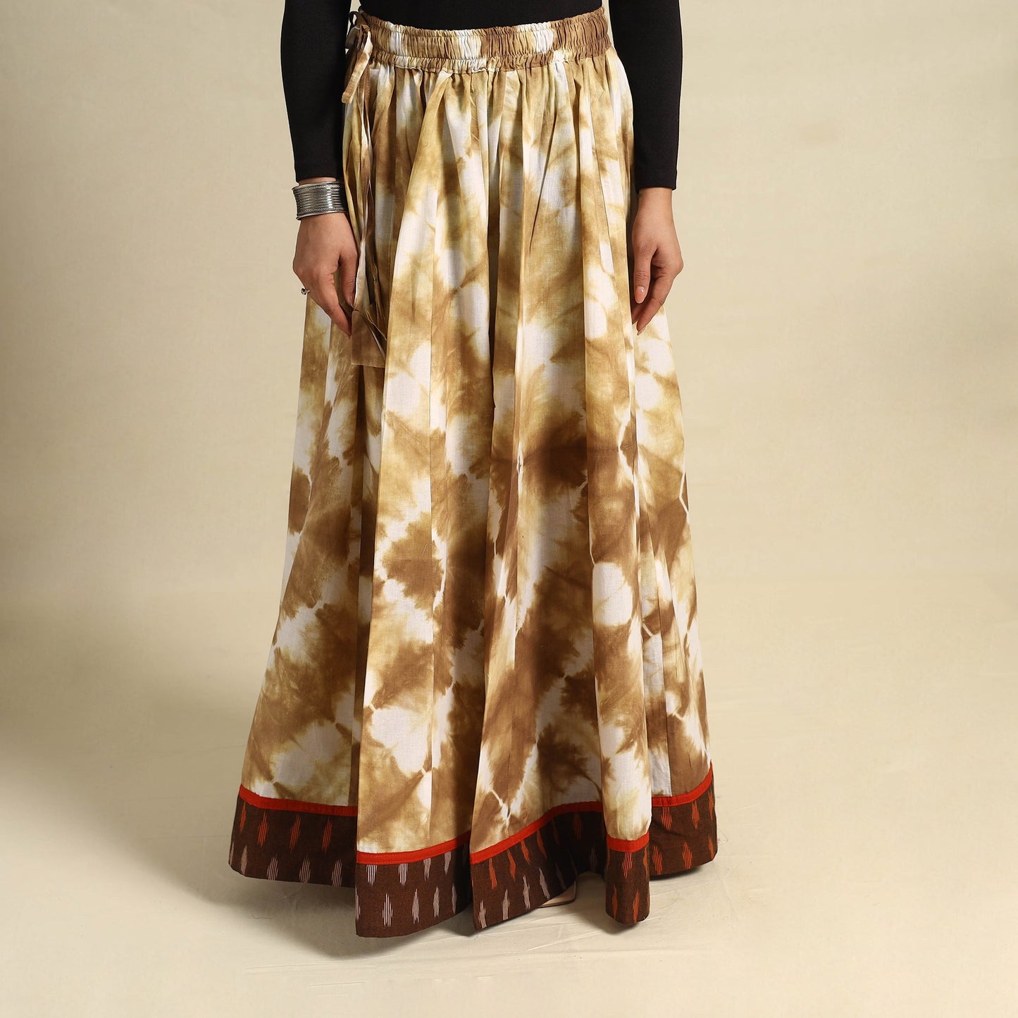 24 Kali Brown Patchwork Cotton Long Shibori Tie-Dye Skirt