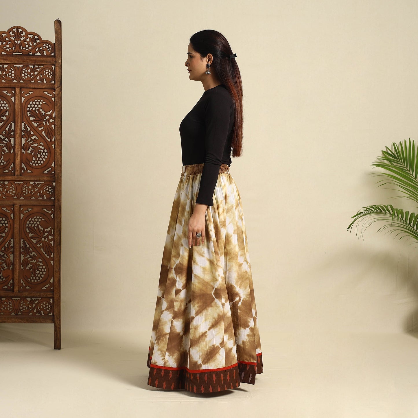 24 Kali Brown Patchwork Cotton Long Shibori Tie-Dye Skirt