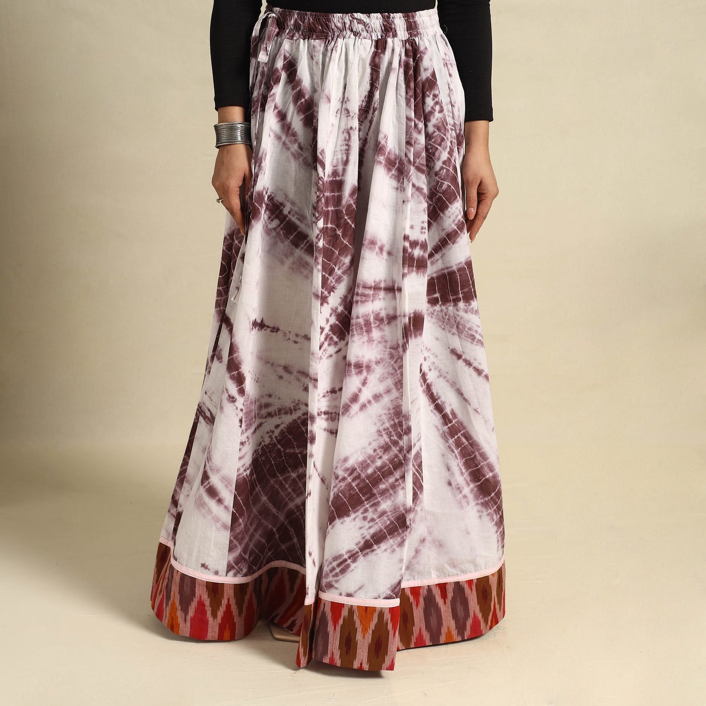 24 Kali Brown Patchwork Cotton Long Shibori Tie-Dye Skirt