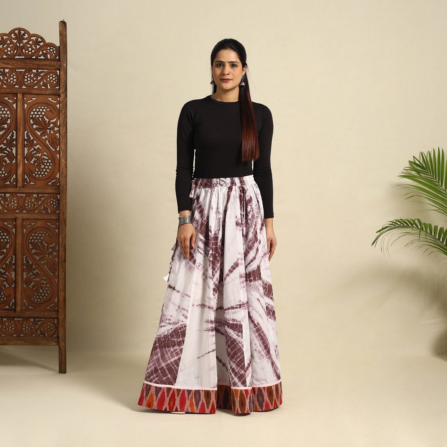 24 Kali Brown Patchwork Cotton Long Shibori Tie-Dye Skirt