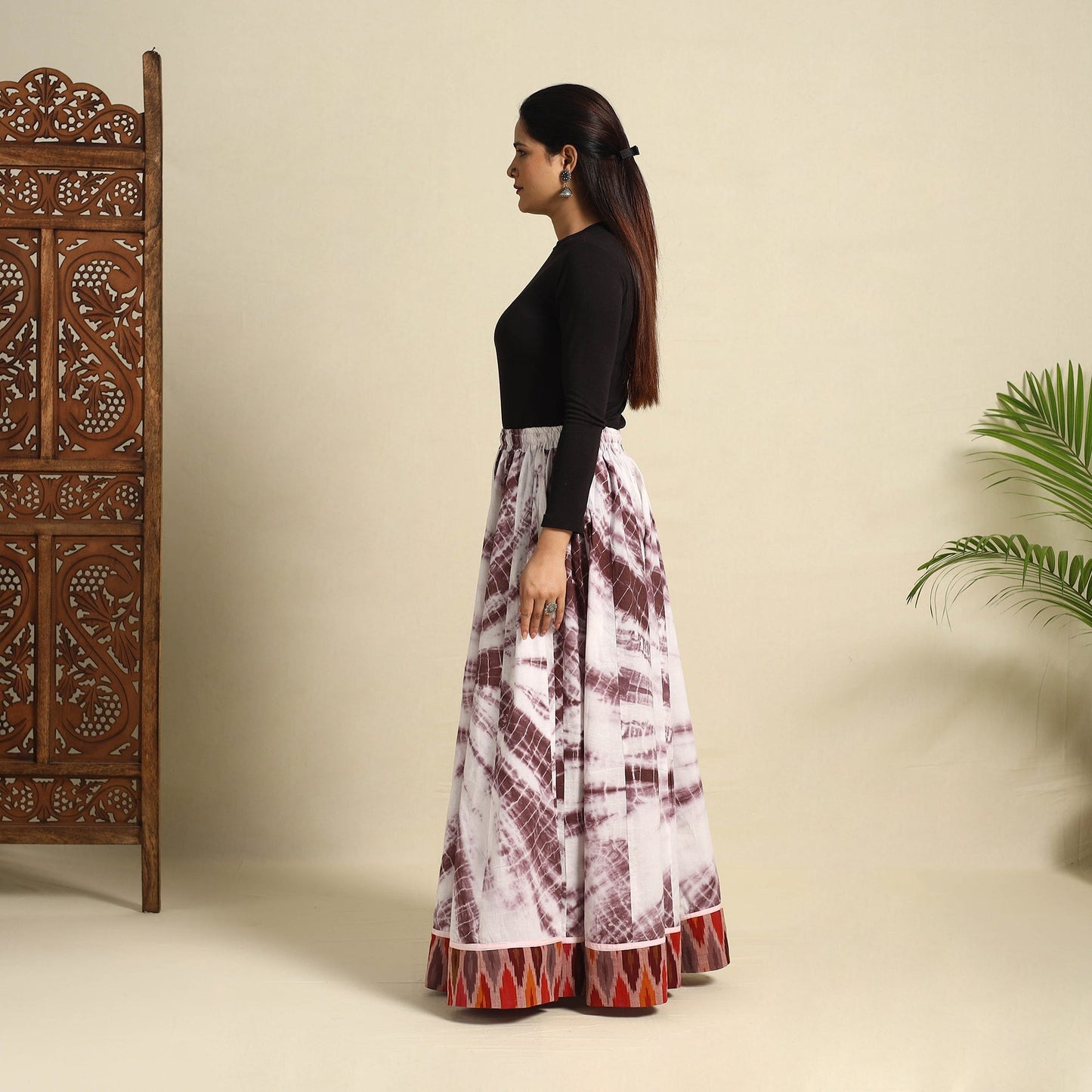 24 Kali Brown Patchwork Cotton Long Shibori Tie-Dye Skirt