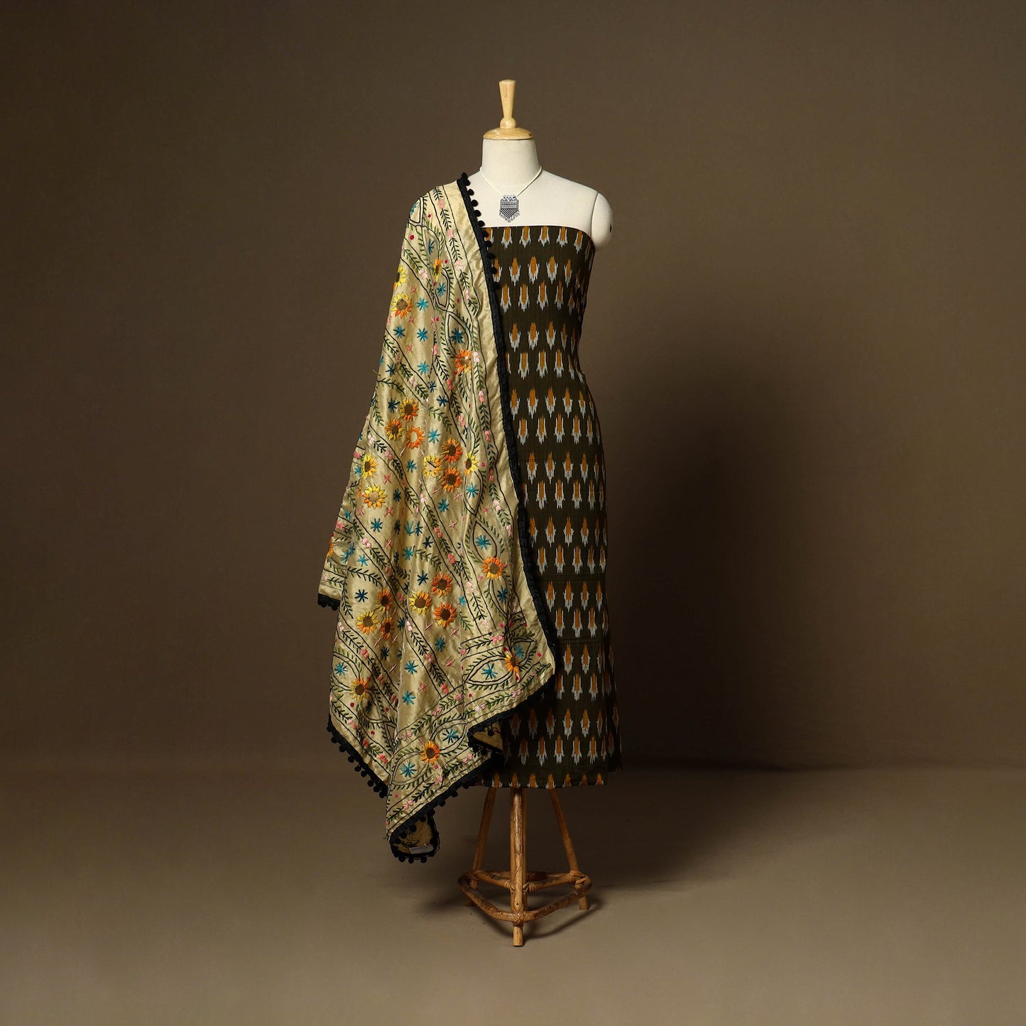 Brown - 2pc handloom cotton unstitched pochampally ikat