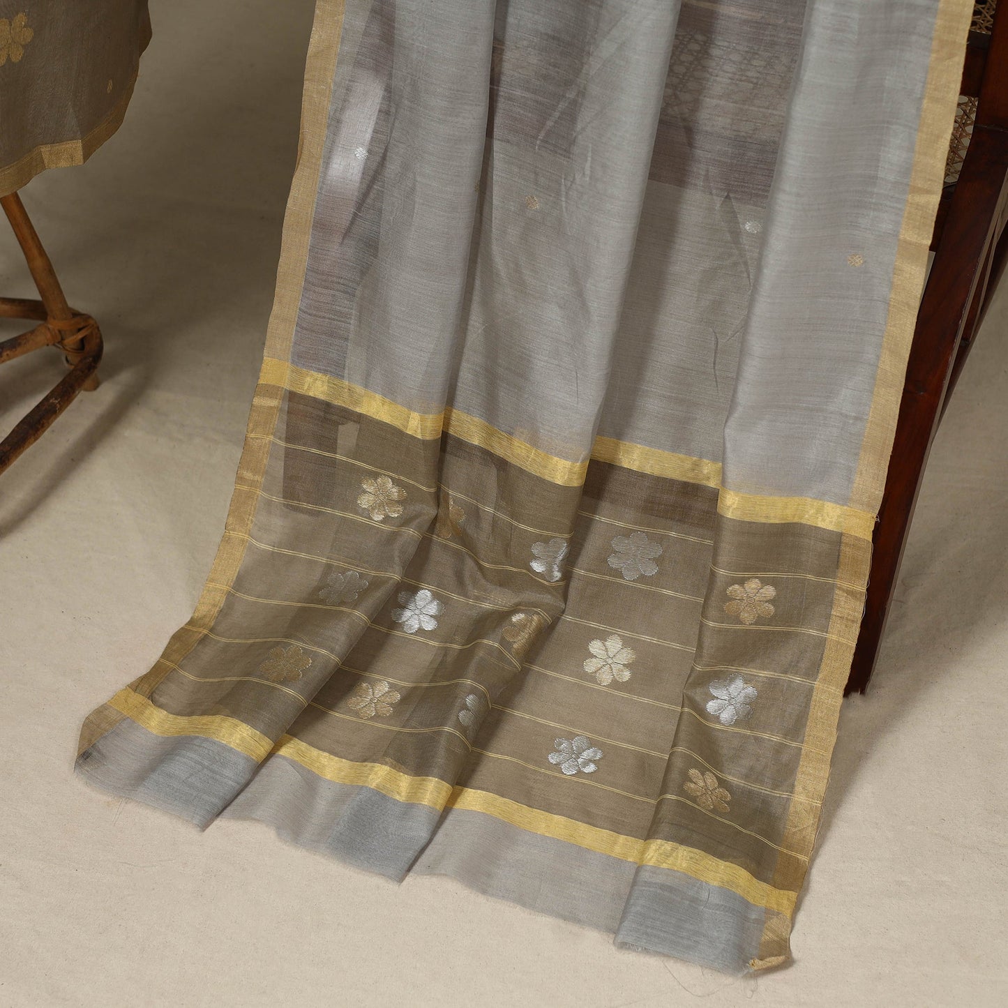 Brown - 2pc Handloom Flower Zari Buta Unstitched Chanderi Silk Dress Material