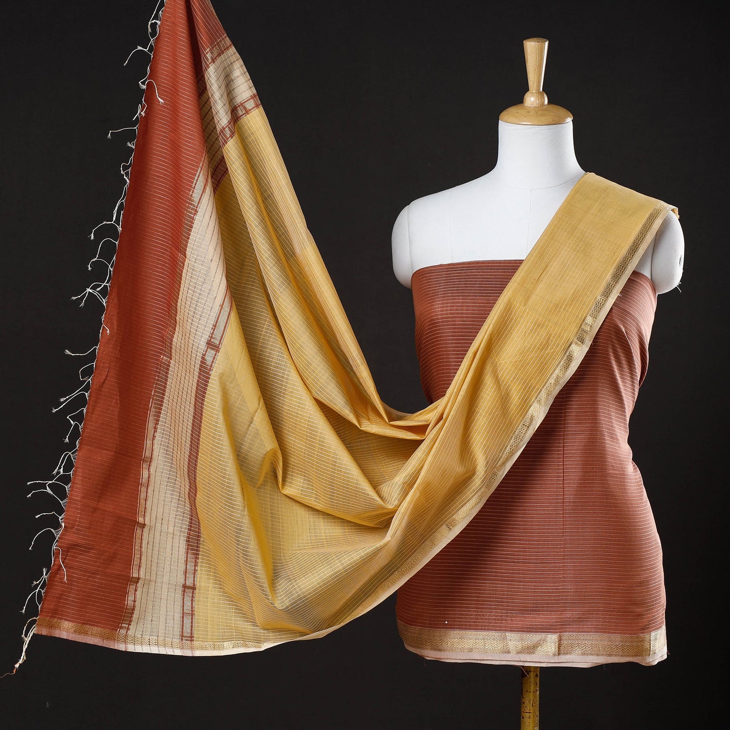 2pc Maheshwari Silk Cotton Handloom Stripe Suit Material Set with Zari Border