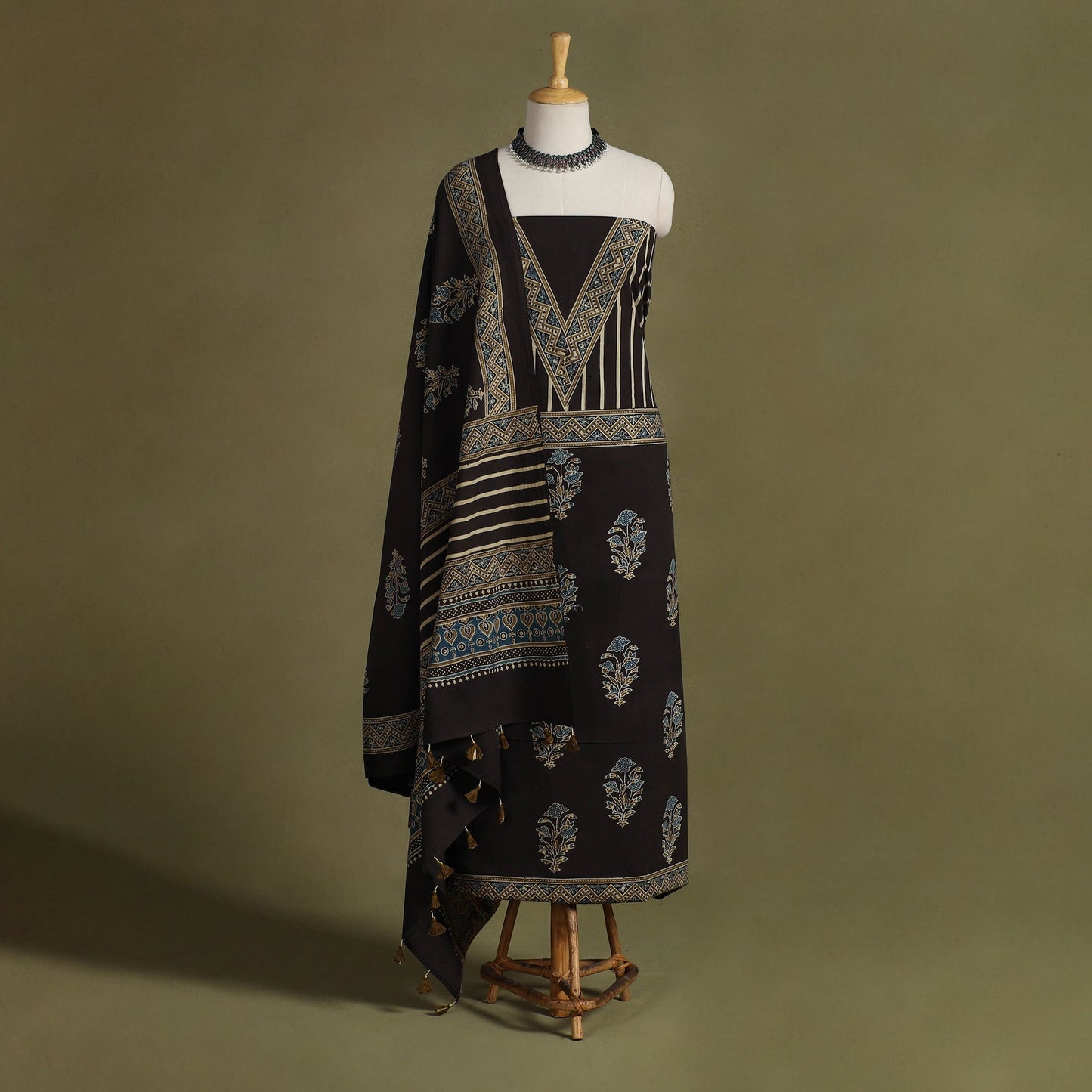 Brown 2pc Natural Dyed Cotton Block Print Ajrakh Dress Material