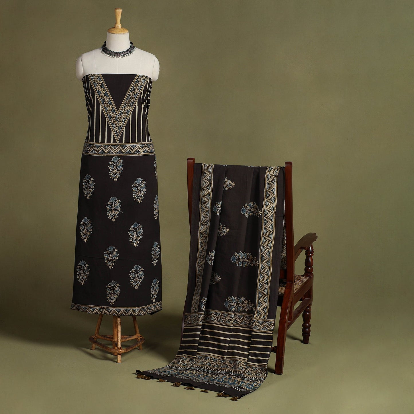 Brown 2pc Natural Dyed Cotton Block Print Ajrakh Dress Material