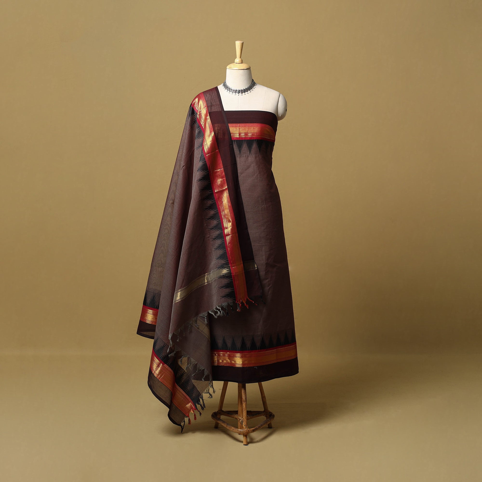 Brown 2pc Unstitched Kandangi Chettinad Cotton Dress Material Suit Set