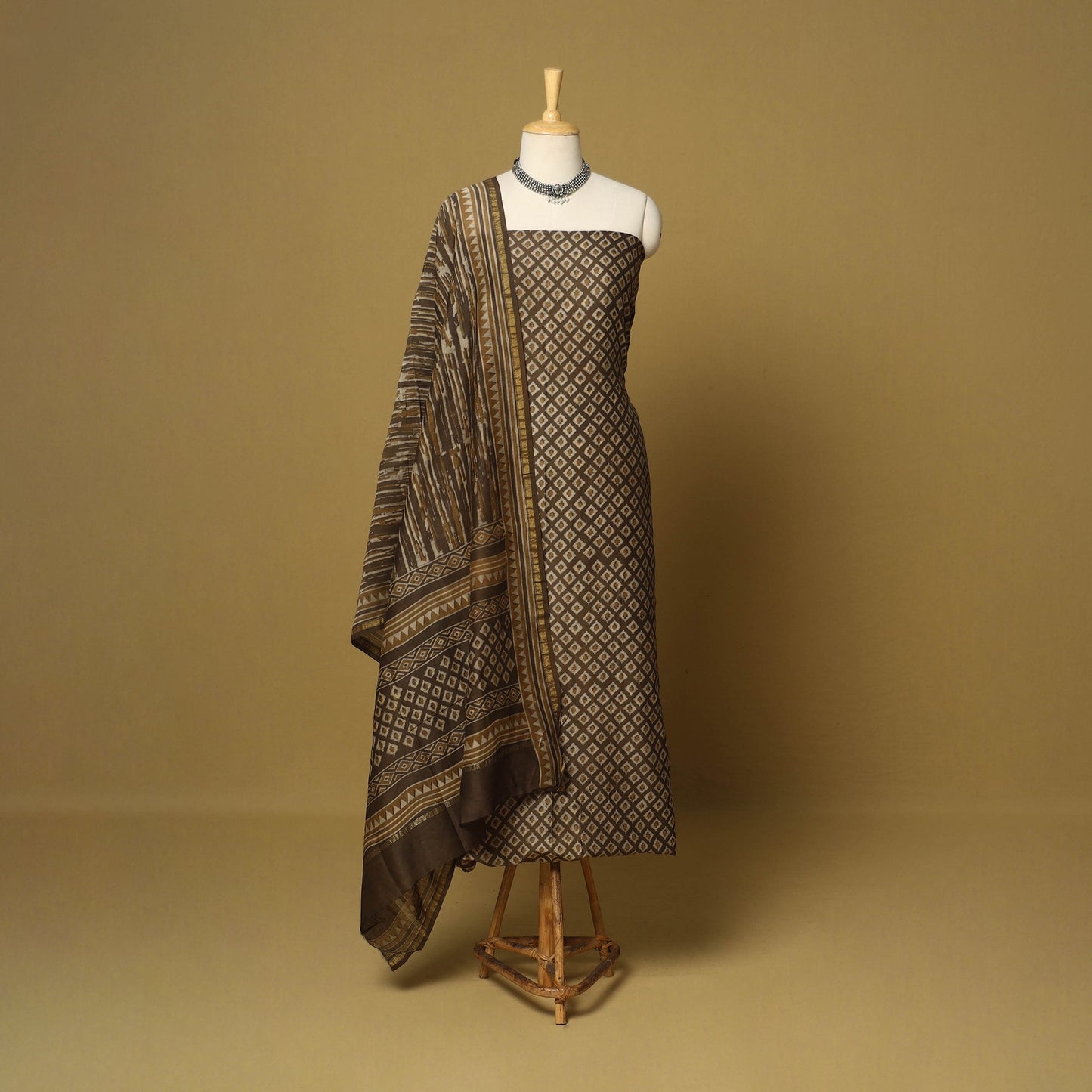 Brown - 3pc akola printed chanderi silk unstitched suit