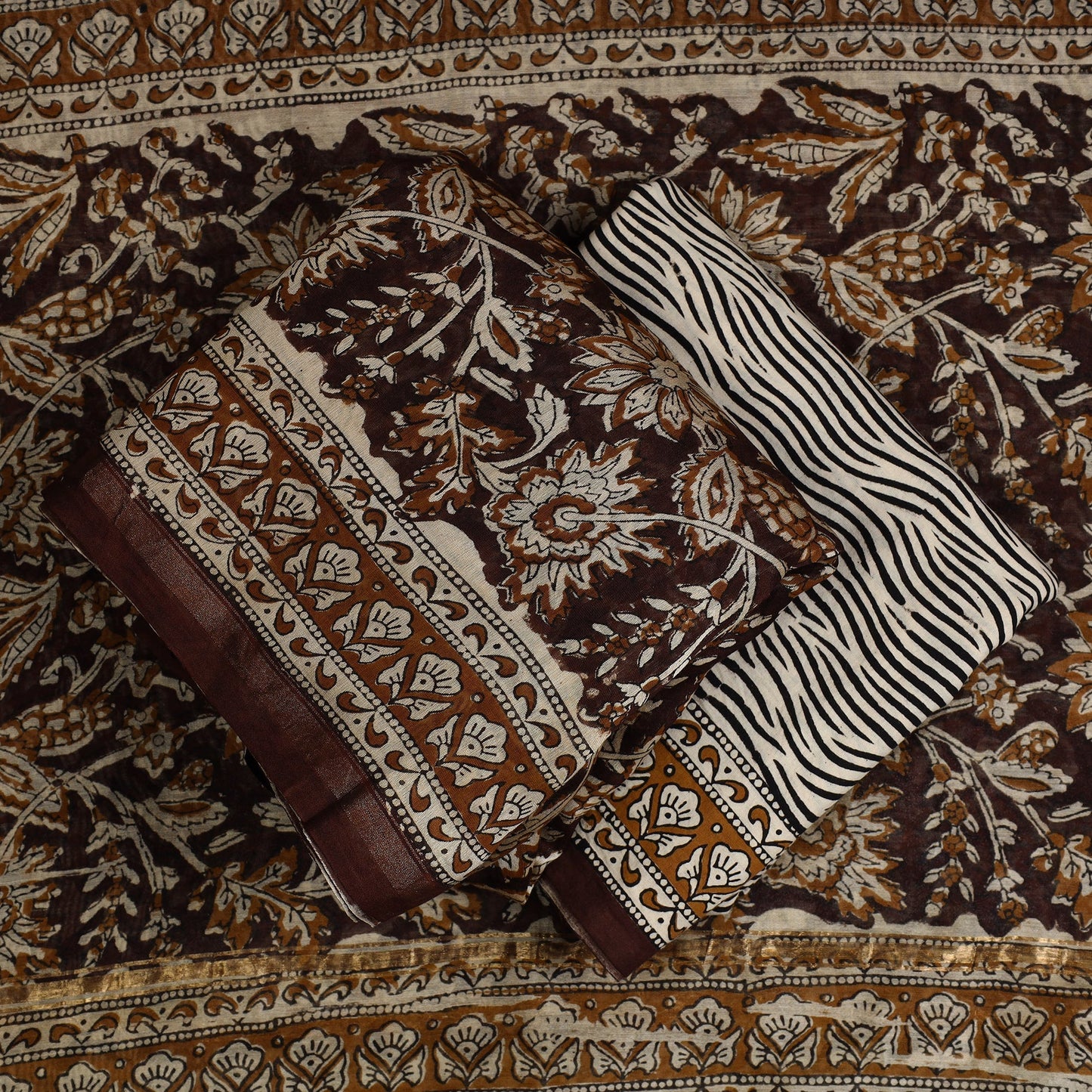 Brown 3pc Bagru Print Chanderi Silk Dress Material Online