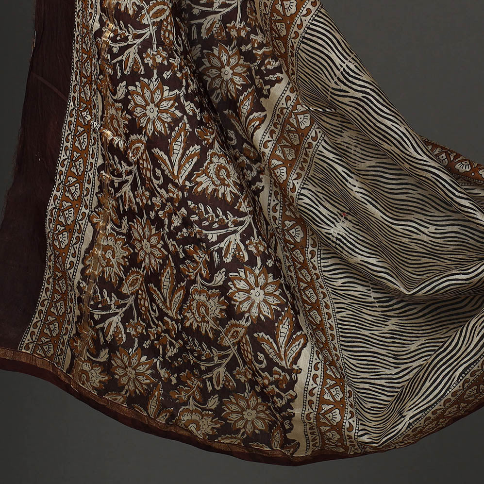 Brown 3pc Bagru Print Chanderi Silk Dress Material Online