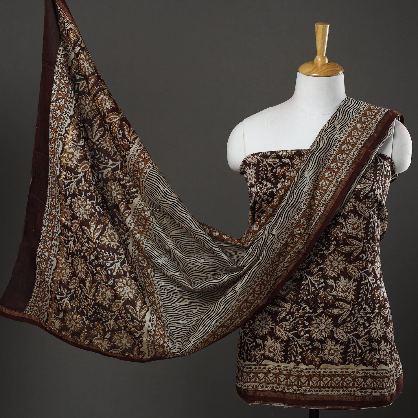 Brown 3pc Bagru Print Chanderi Silk Dress Material Online