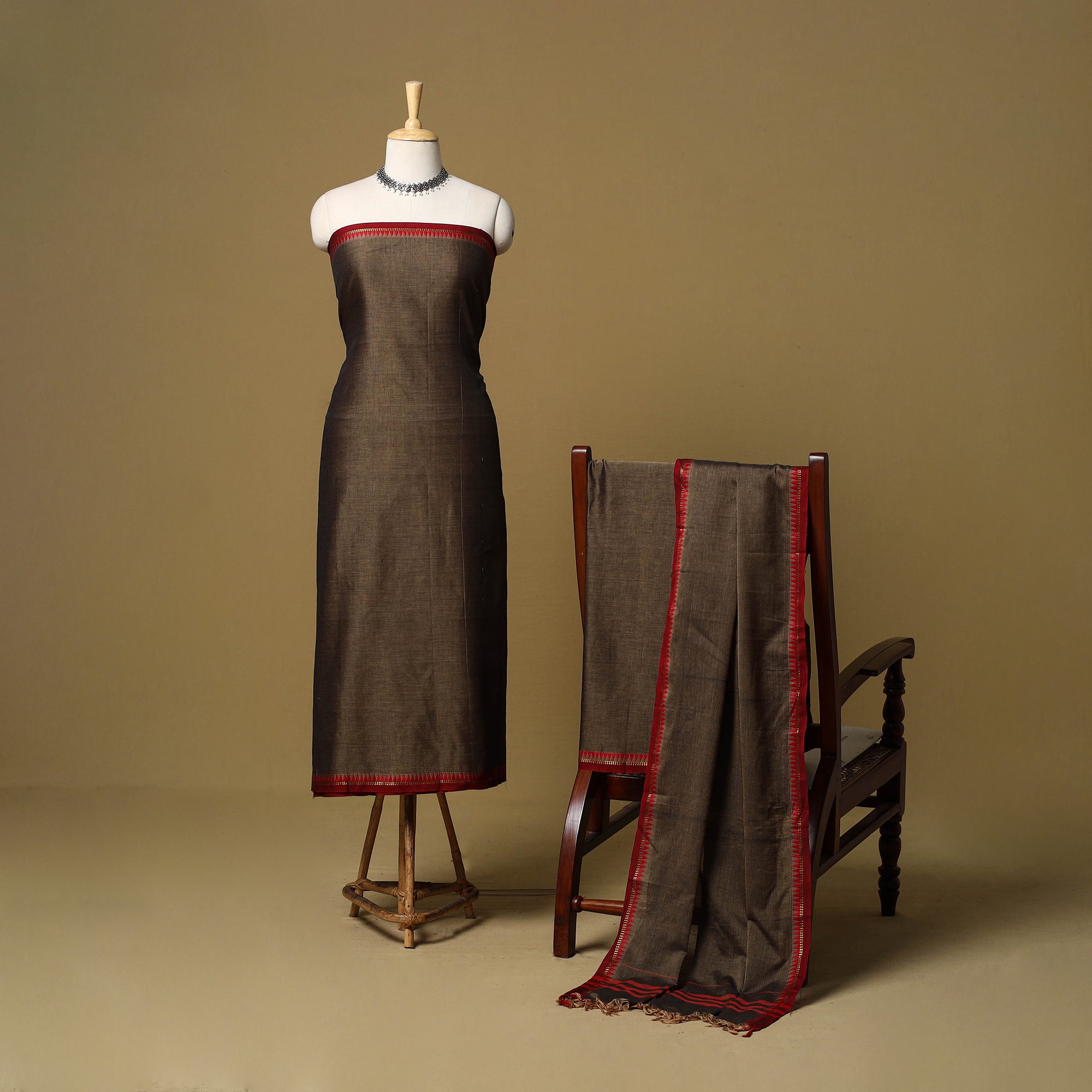 Red - Dharwad Cotton 3pc Unstitched Dress Material with Border 145 main image 1