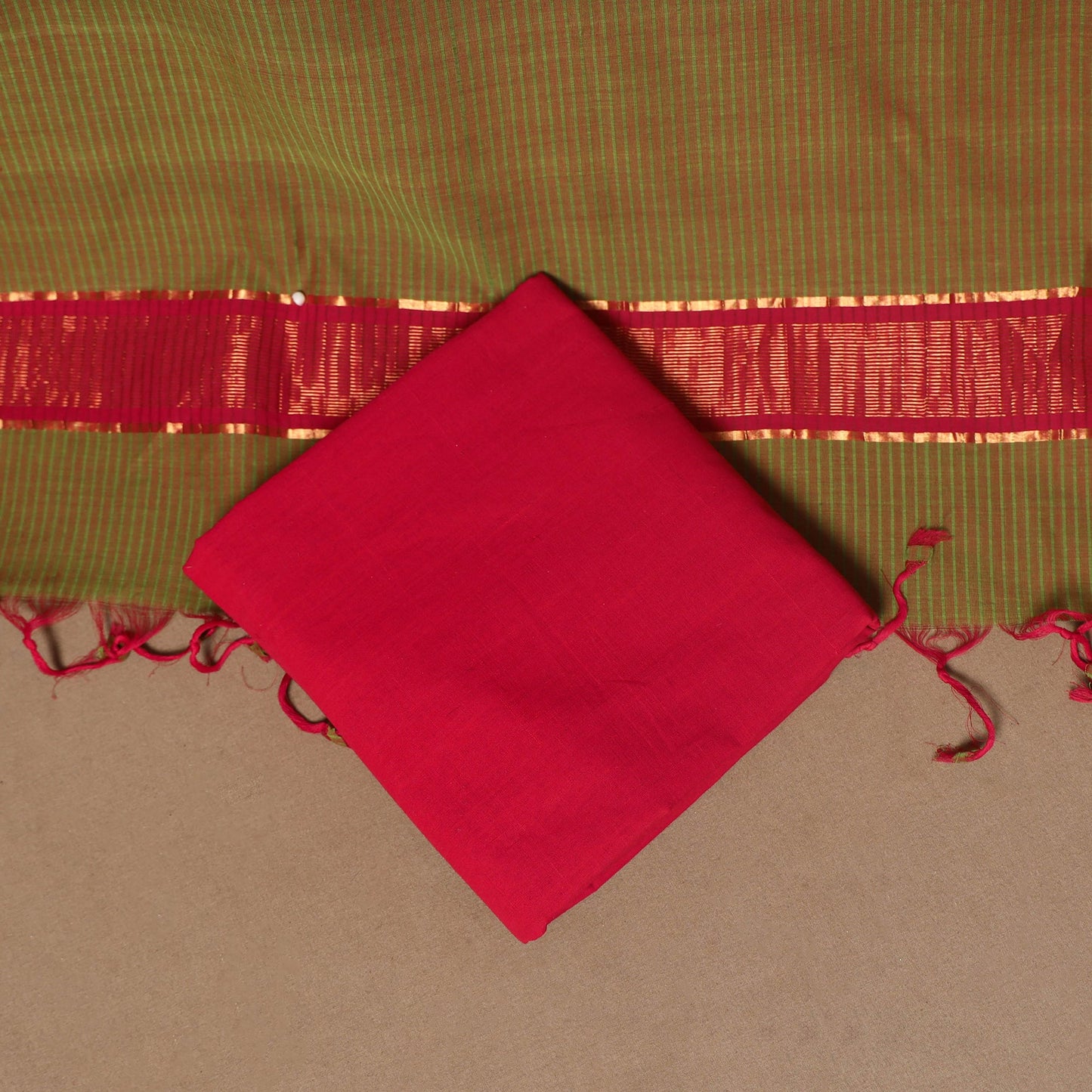 Brown - 3pc handloom cotton unstitched mangalagiri dress