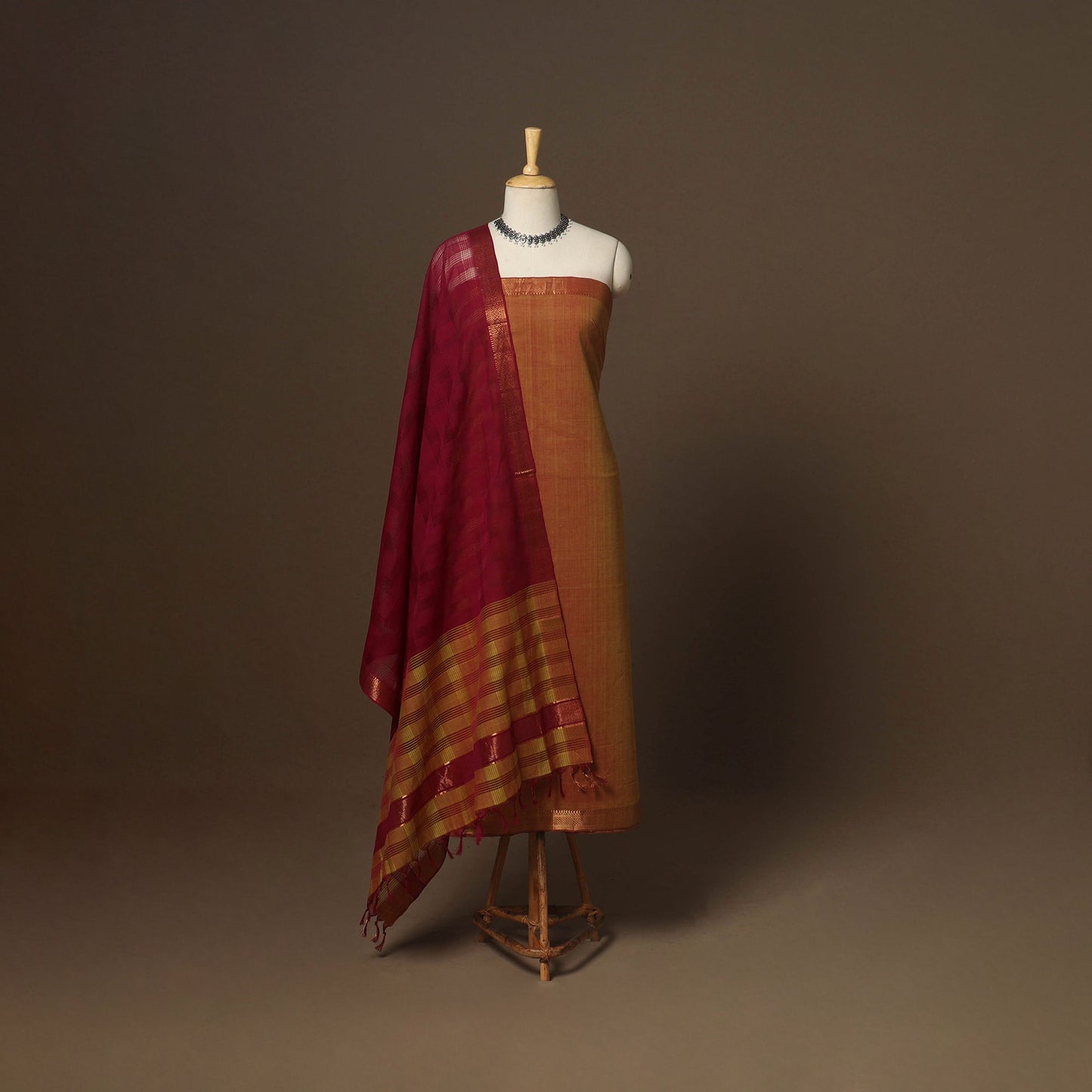 Brown - 3pc handloom cotton unstitched mangalagiri dress