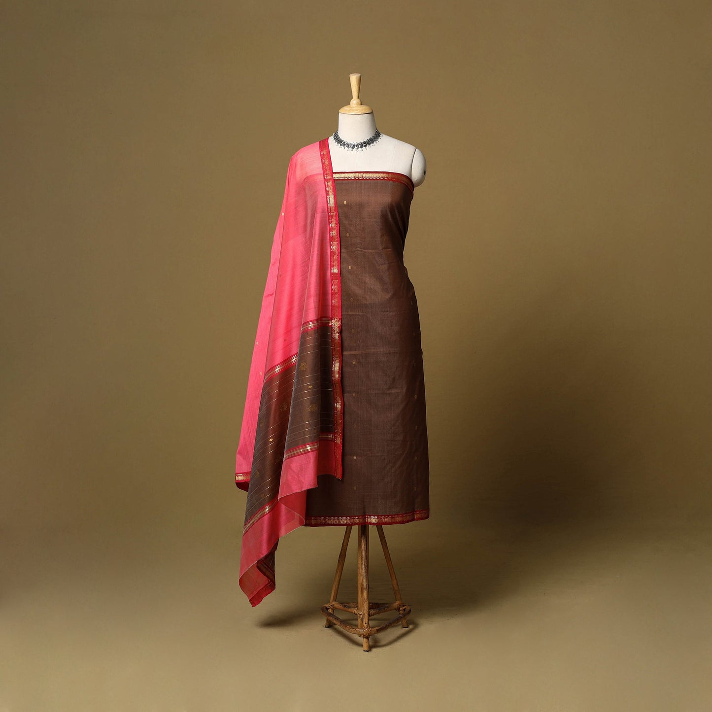 Brown - 3pc handloom zari buti unstitched chanderi silk