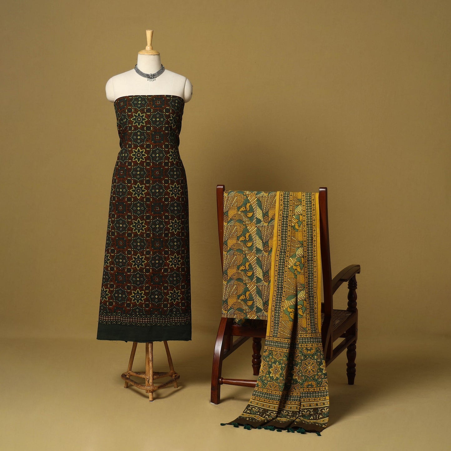 Brown - 3pc natural dyed cotton unstitched dress material