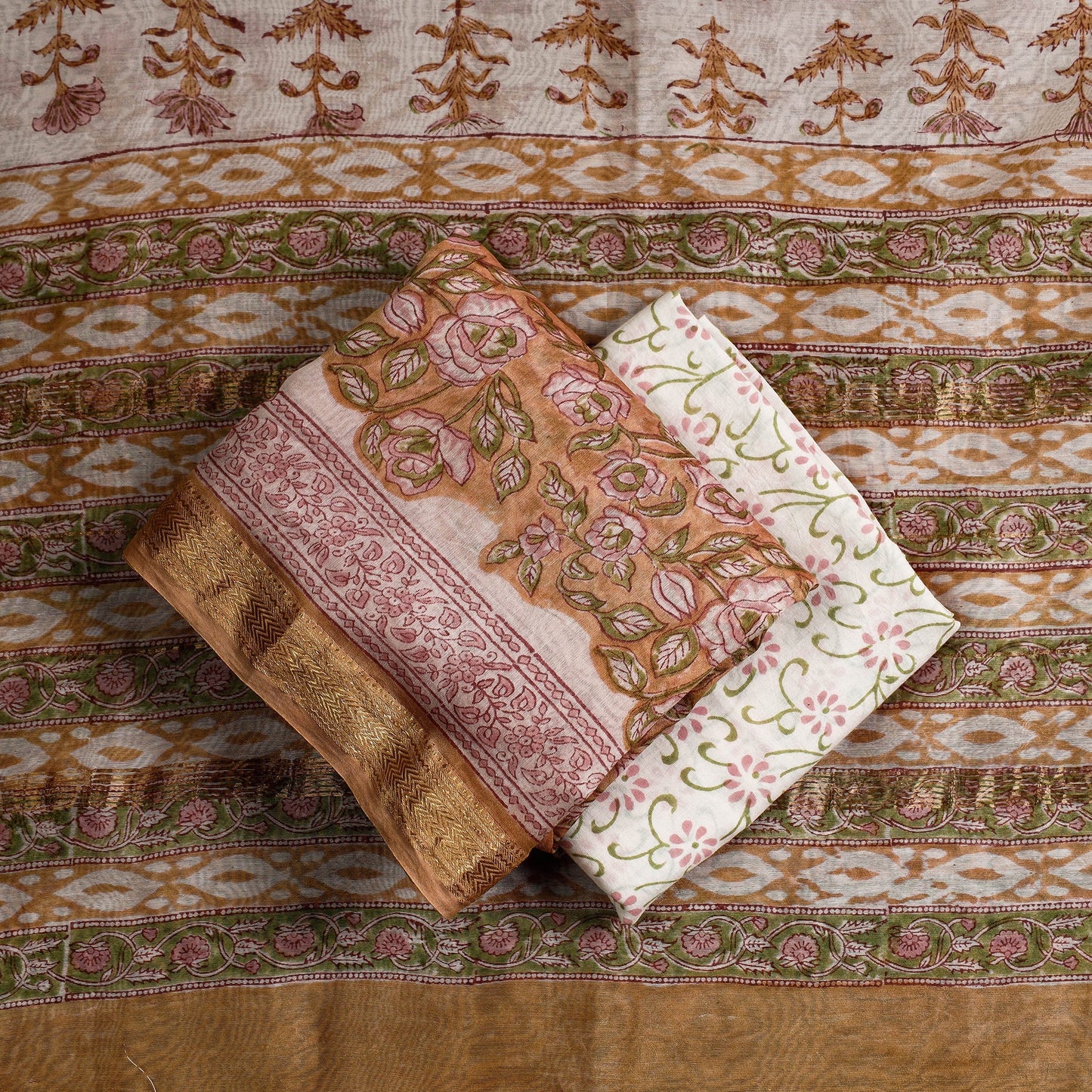 Buy 3pc Sanganeri Block Printed Maheshwari Silk Suit Material Set Online at iTokri.com