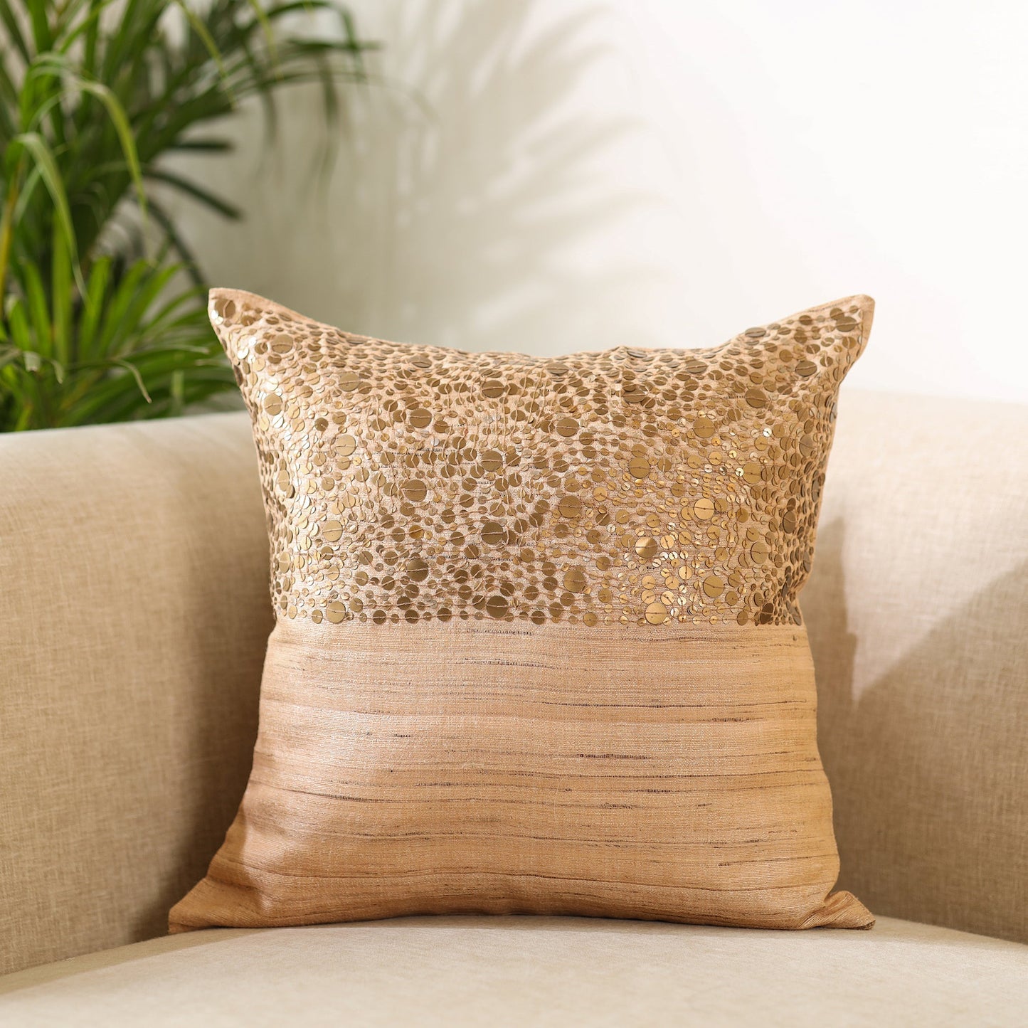 Aari Embroidery Sequin Work Mercerised Ghicha Silk Cushion Cover