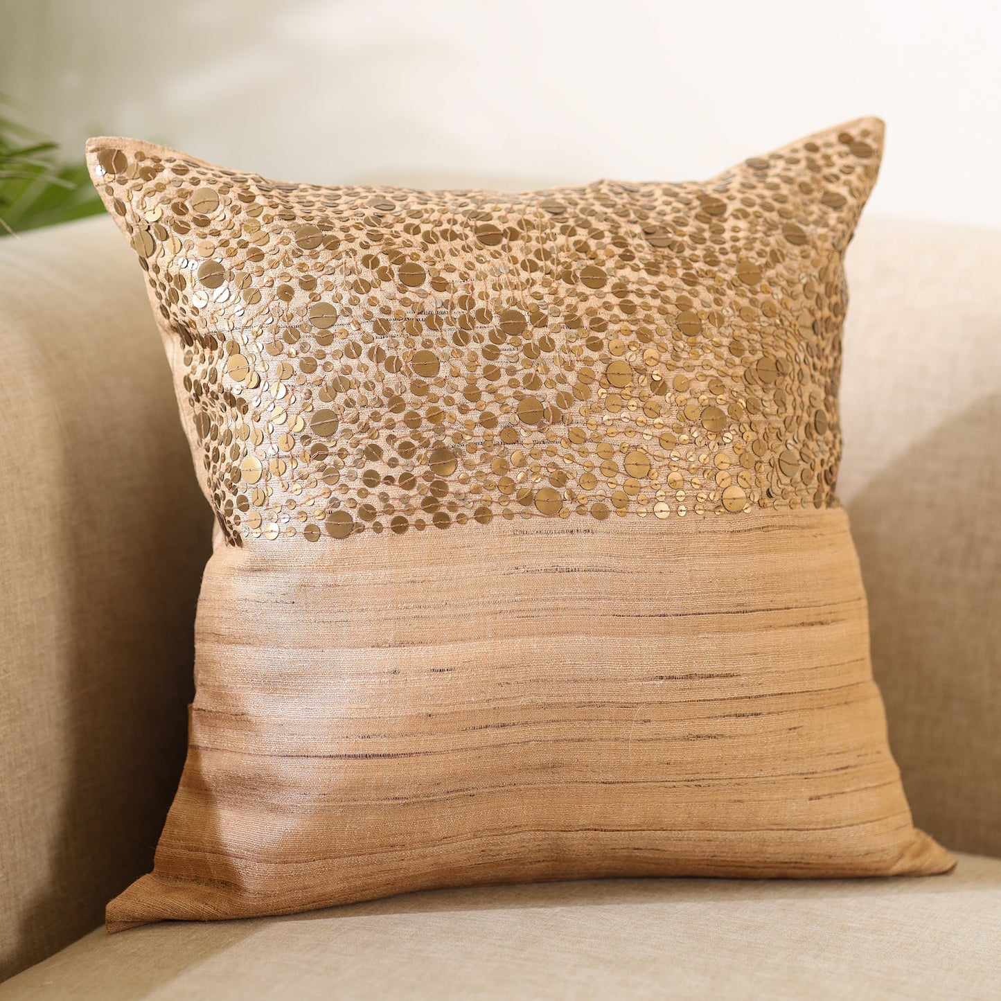 Aari Embroidery Sequin Work Mercerised Ghicha Silk Cushion Cover