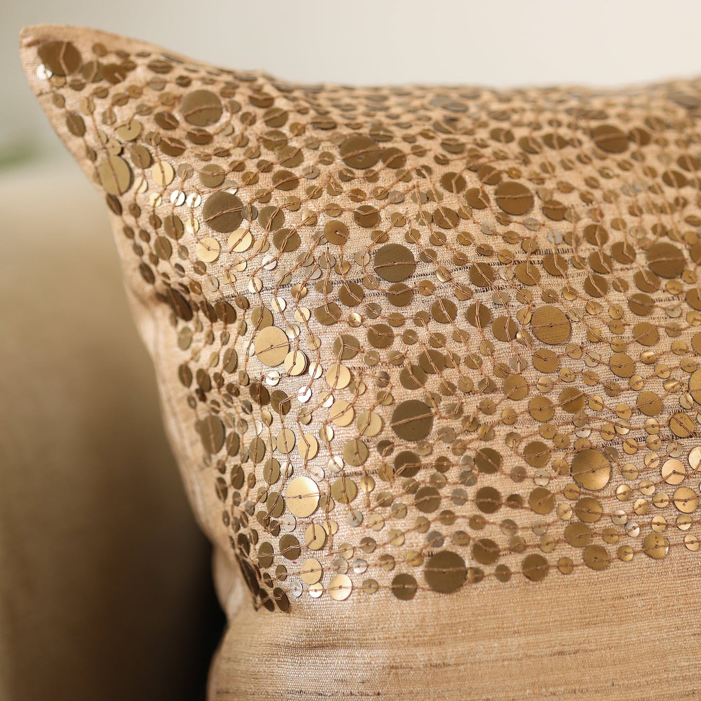 Aari Embroidery Sequin Work Mercerised Ghicha Silk Cushion Cover