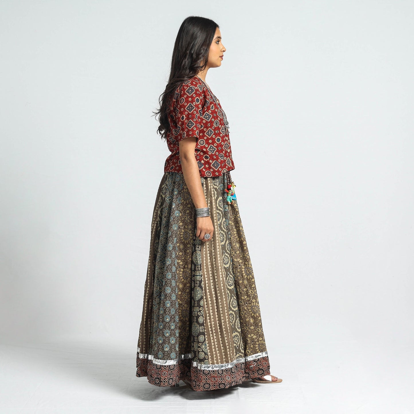 Ajrakh Block Printed 24 Kali Patchwork Cotton Long Skirt
