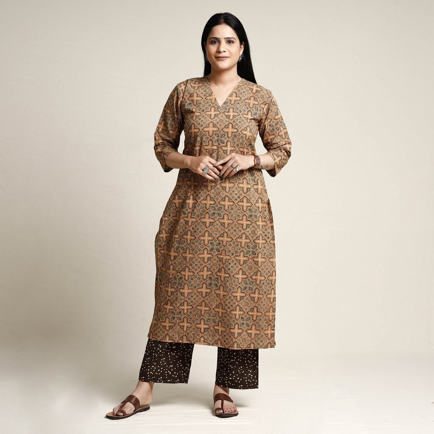Brown - printed cotton kurta with palazzo & dupatta set