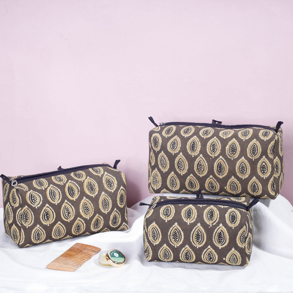 Ajrakh Block Printed Cotton Toiletry Bags (Set of 3)