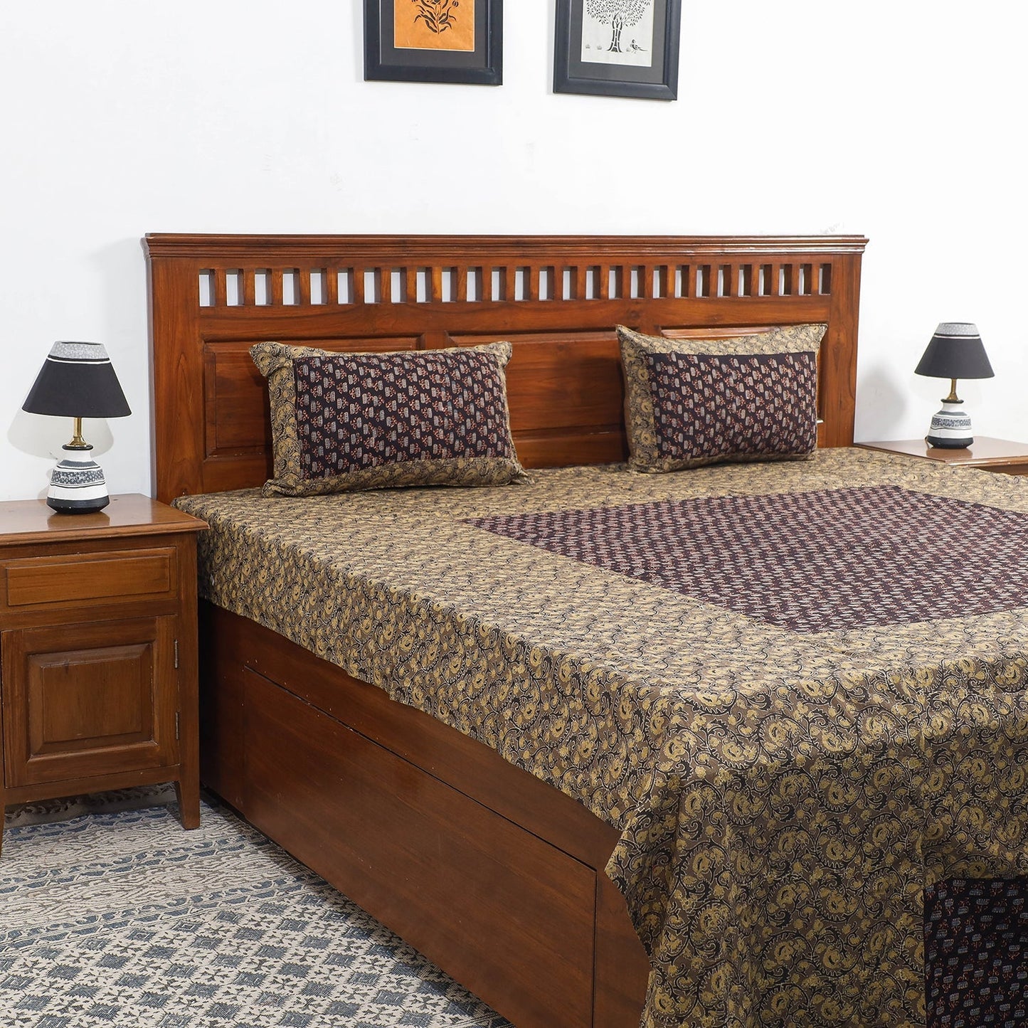 Ajrakh Patch Tukdi Kaam Cotton Double Bed Cover with Pillow Covers