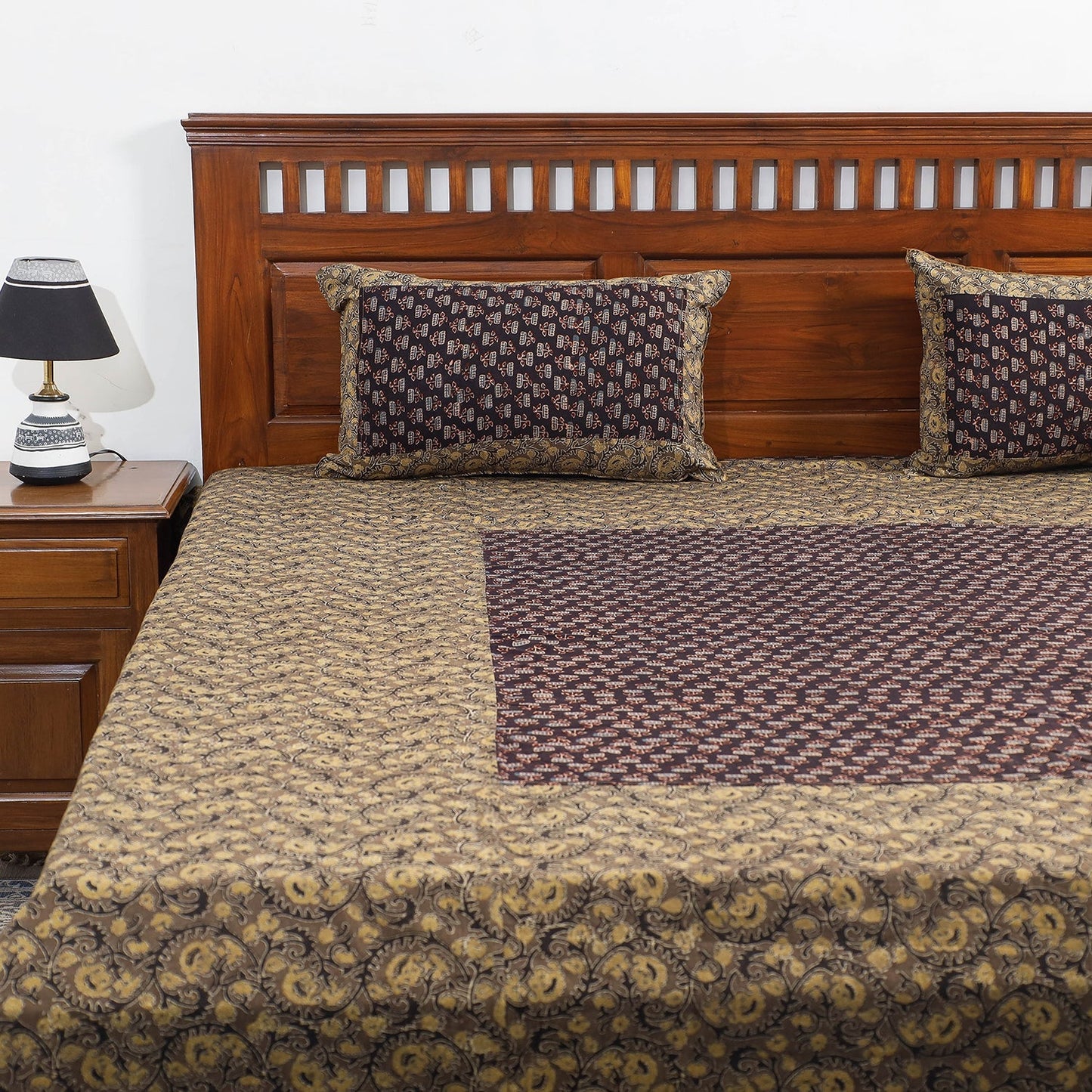 Ajrakh Patch Tukdi Kaam Cotton Double Bed Cover with Pillow Covers