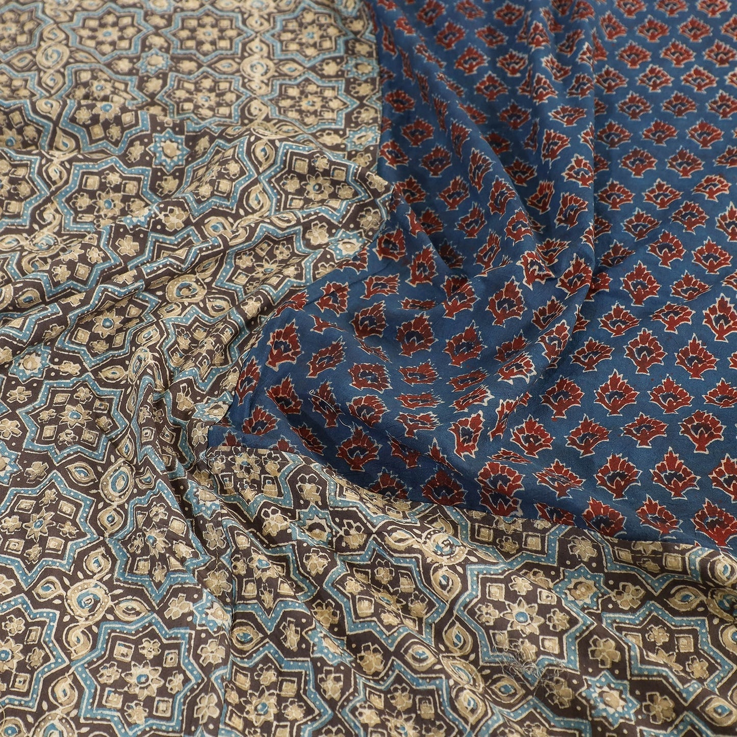Buy Ajrakh Patch Tukdi Kaam Cotton Double Bed Cover with Pillow Covers Online l iTokri.com