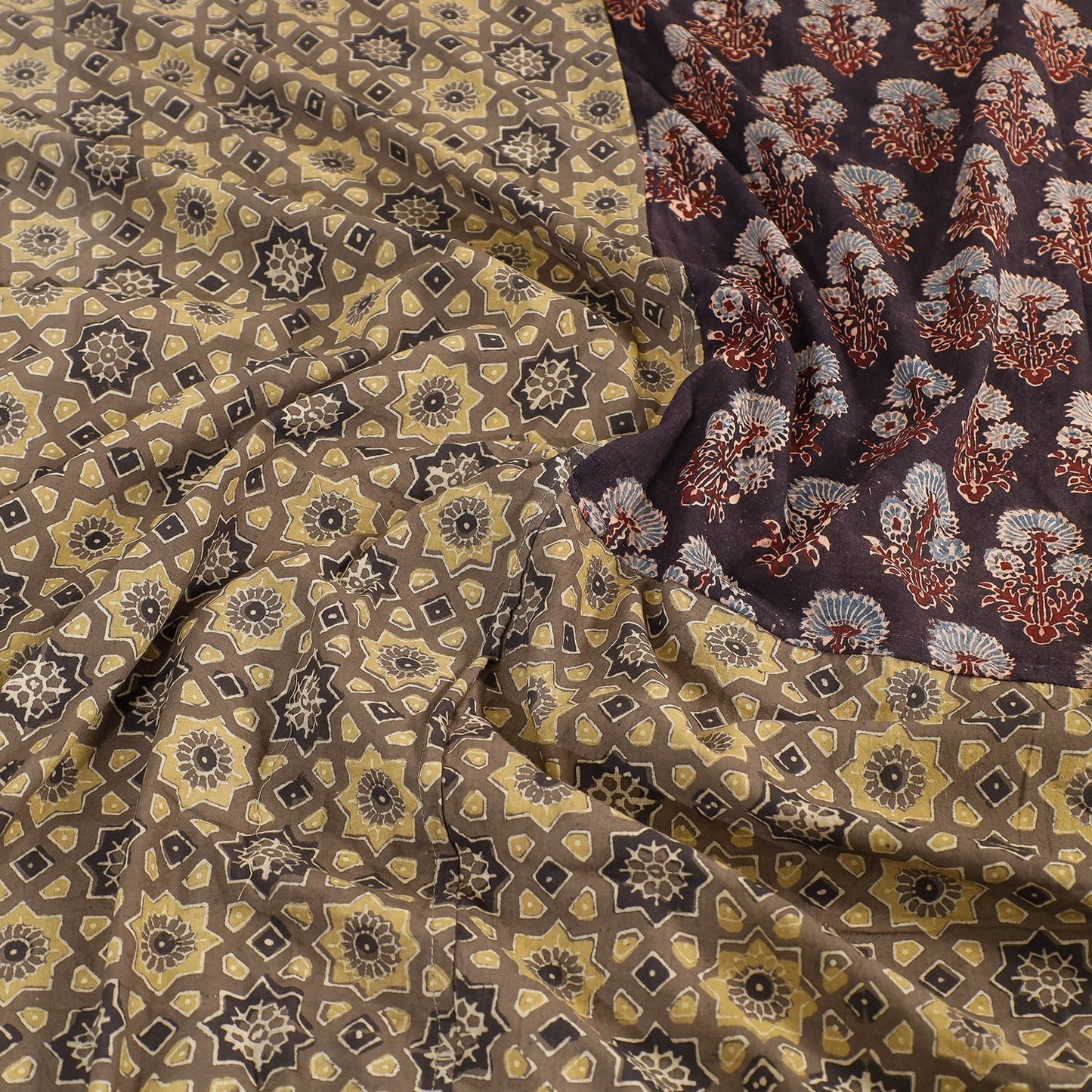 Ajrakh Patch Tukdi Kaam Cotton Double Bed Cover with Pillow Covers Online l iTokri.com